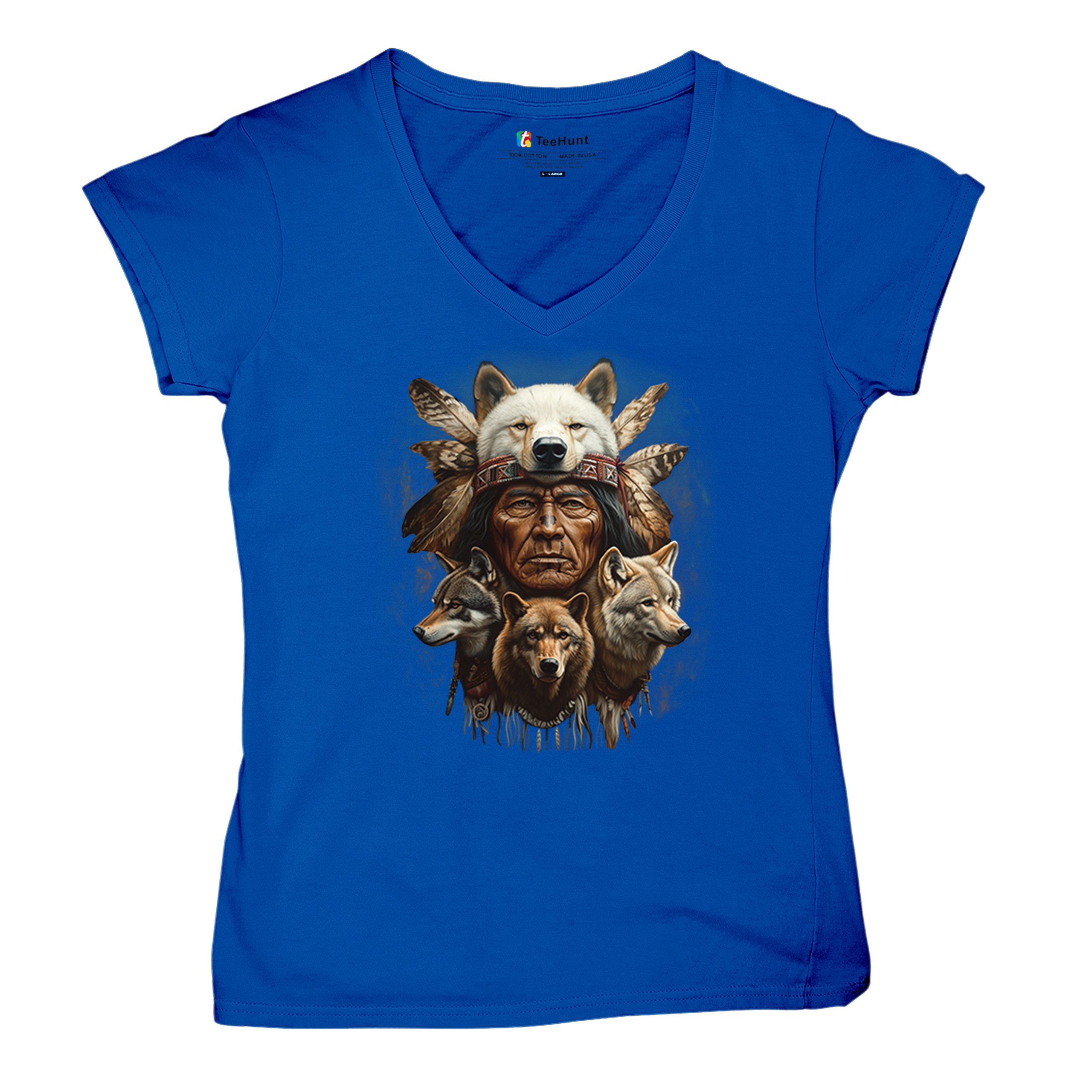 Native American Wolf Chief Women's V-Neck T-shirt Headdress Warrior Totem Tee - Picture 55 of 71