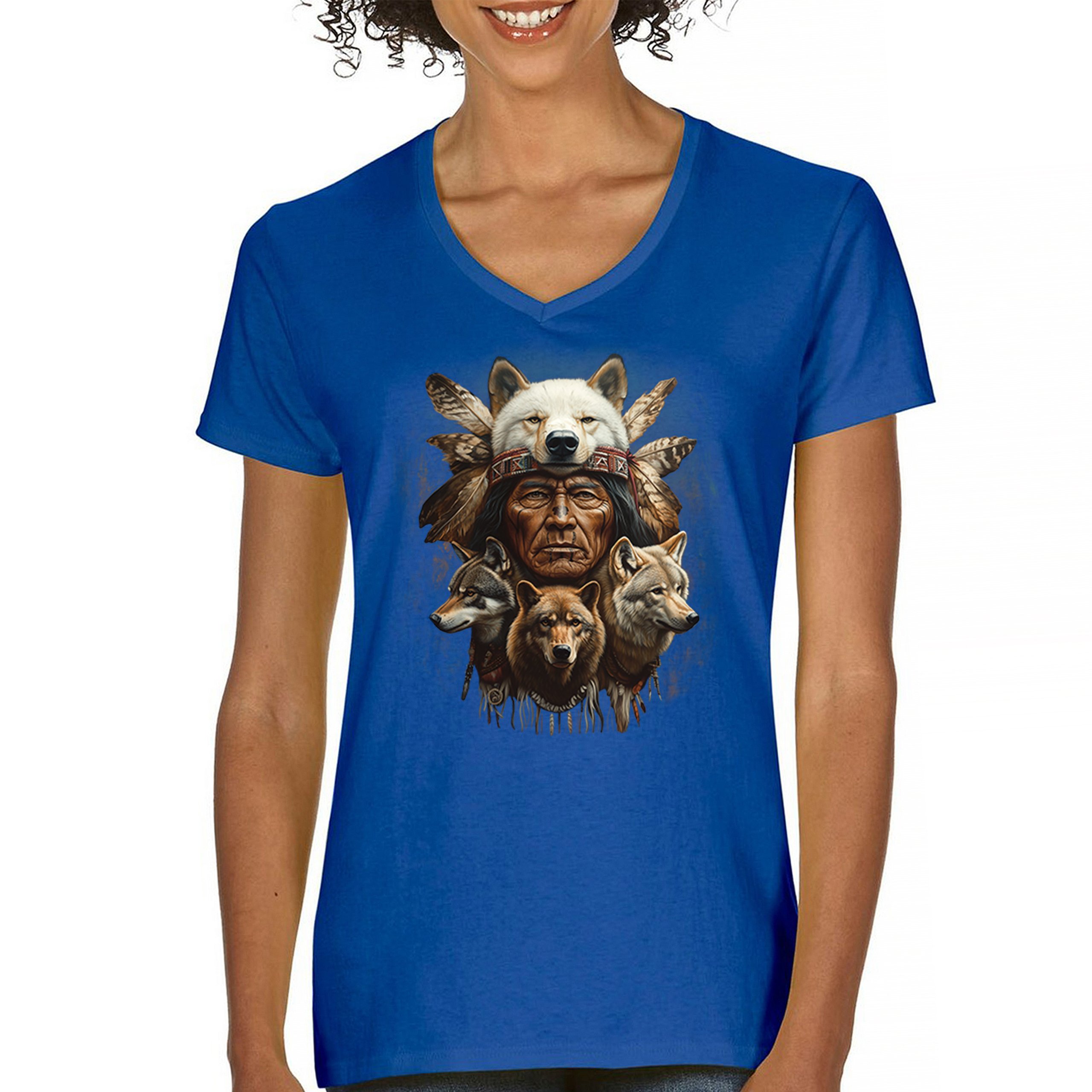 Native American Wolf Chief Women's V-Neck T-shirt Headdress Warrior Totem Tee - Picture 51 of 71