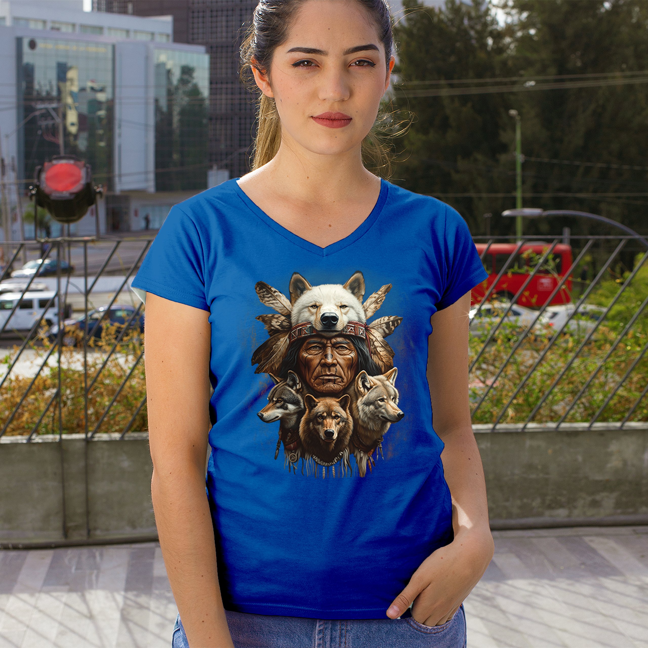 Native American Wolf Chief Women's V-Neck T-shirt Headdress Warrior Totem Tee - Picture 54 of 71
