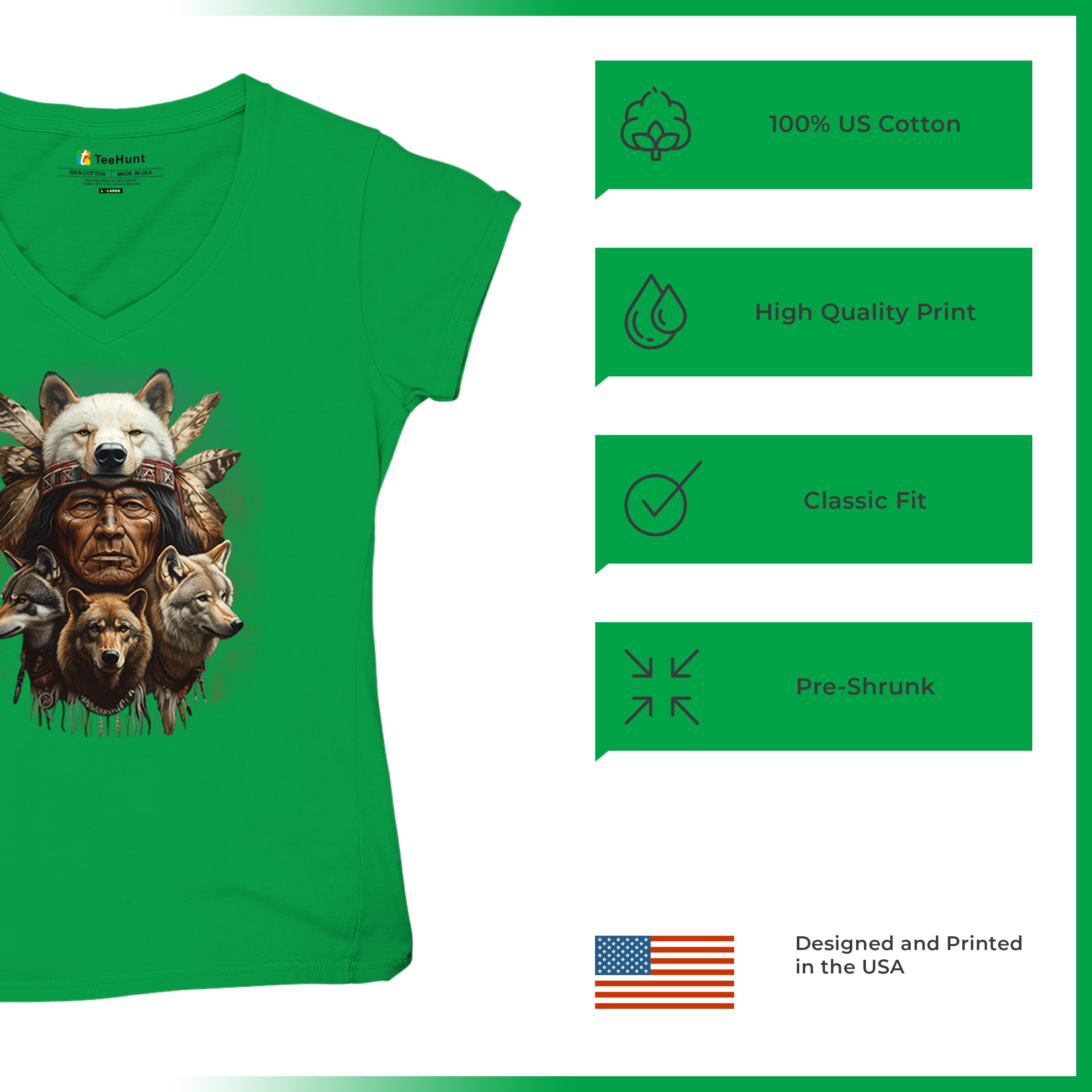 Native American Wolf Chief Women's V-Neck T-shirt Headdress Warrior Totem Tee - Picture 49 of 71