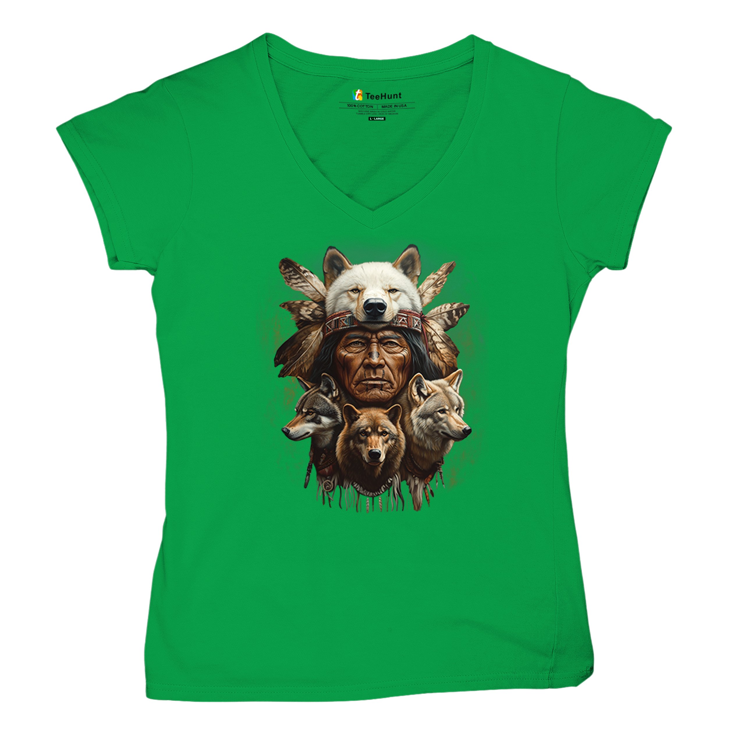 Native American Wolf Chief Women's V-Neck T-shirt Headdress Warrior Totem Tee - Picture 48 of 71