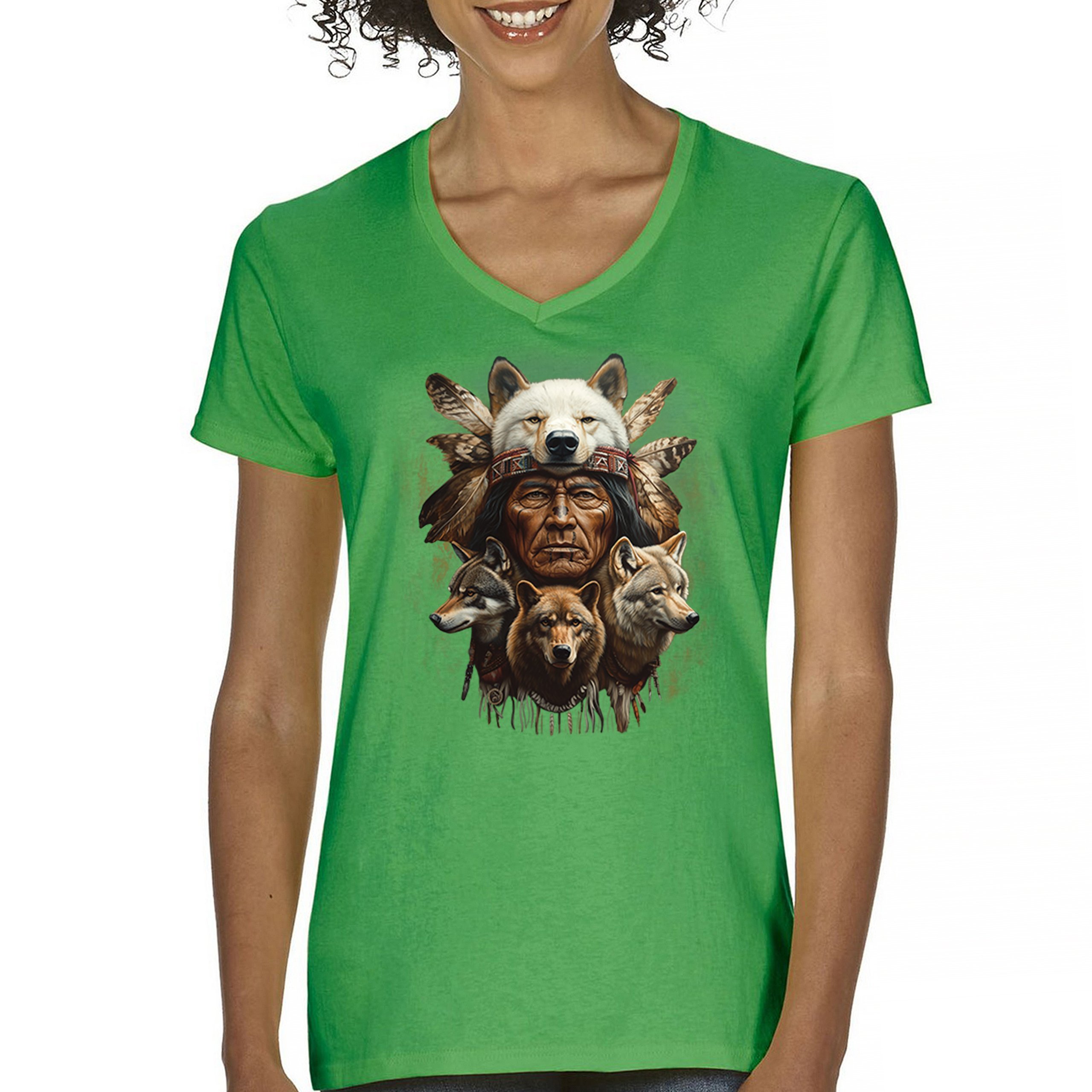 Native American Wolf Chief Women's V-Neck T-shirt Headdress Warrior Totem Tee - Picture 44 of 71