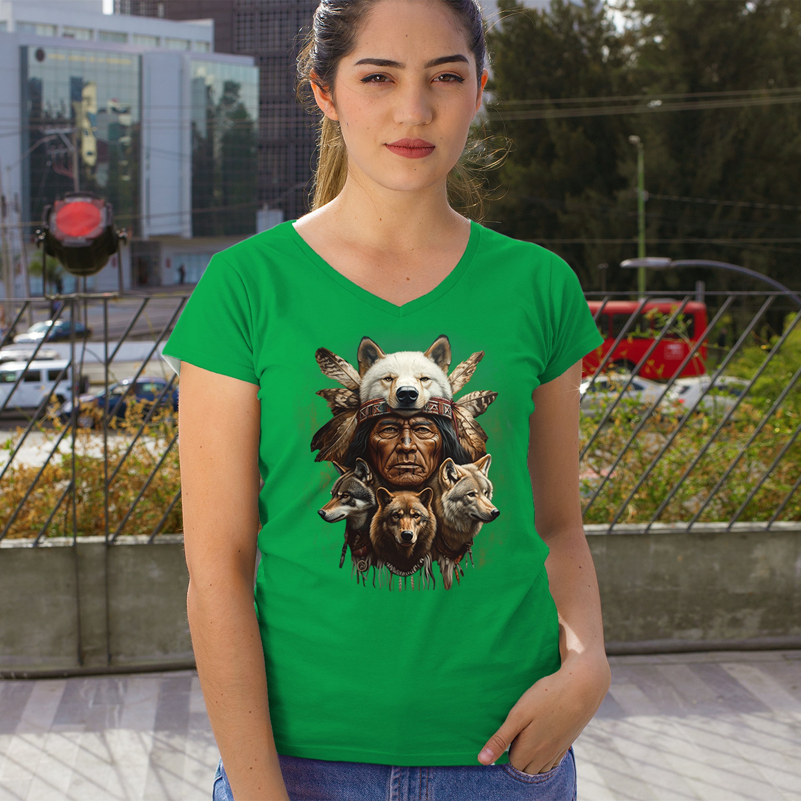 Native American Wolf Chief Women's V-Neck T-shirt Headdress Warrior Totem Tee - Picture 47 of 71