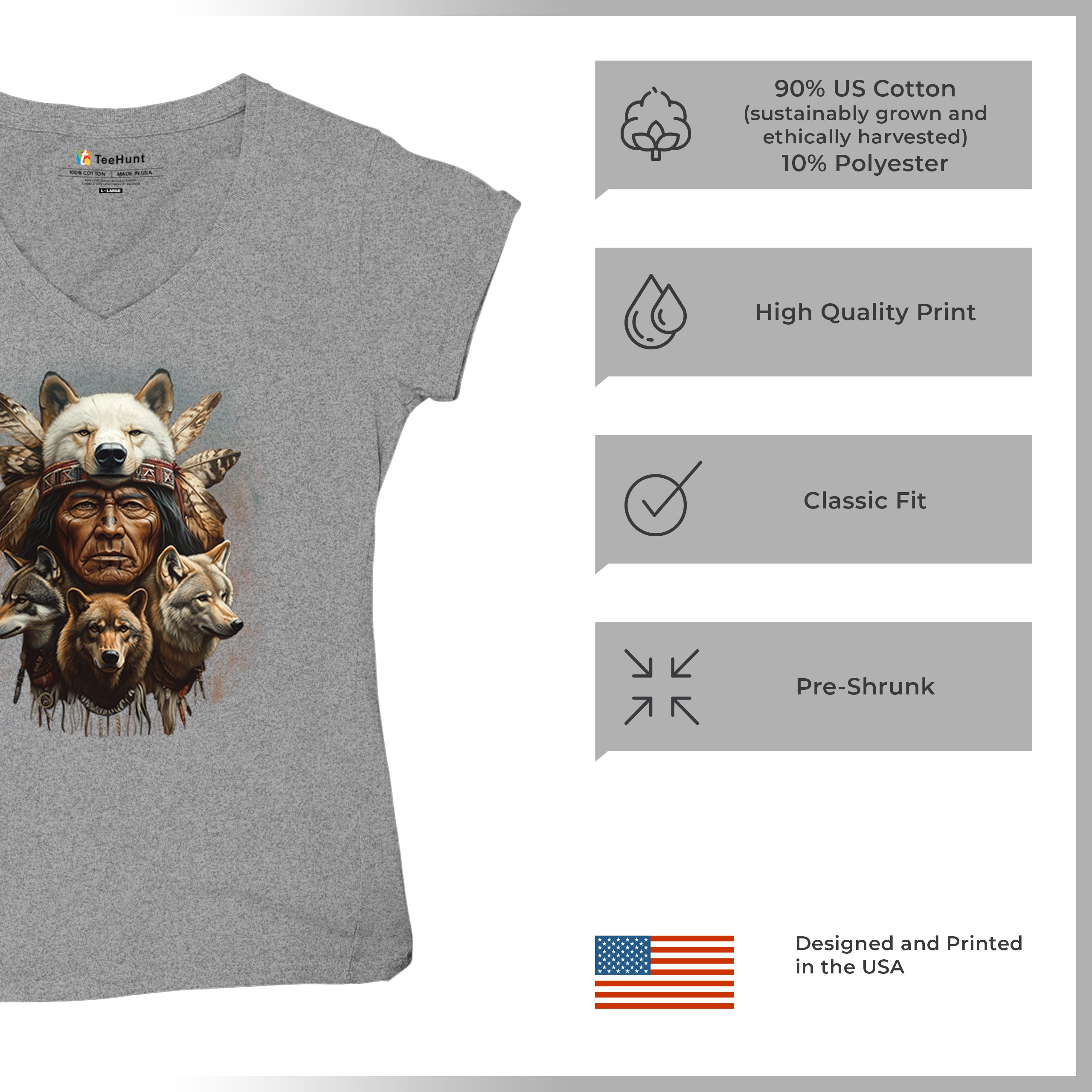 Native American Wolf Chief Women's V-Neck T-shirt Headdress Warrior Totem Tee - Picture 14 of 71