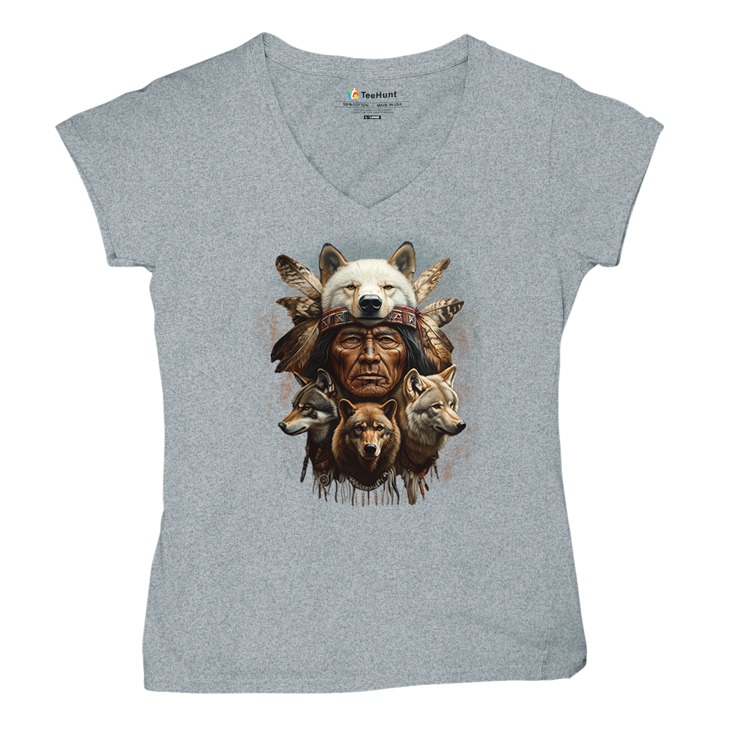 Native American Wolf Chief Women's V-Neck T-shirt Headdress Warrior Totem Tee - Picture 13 of 71