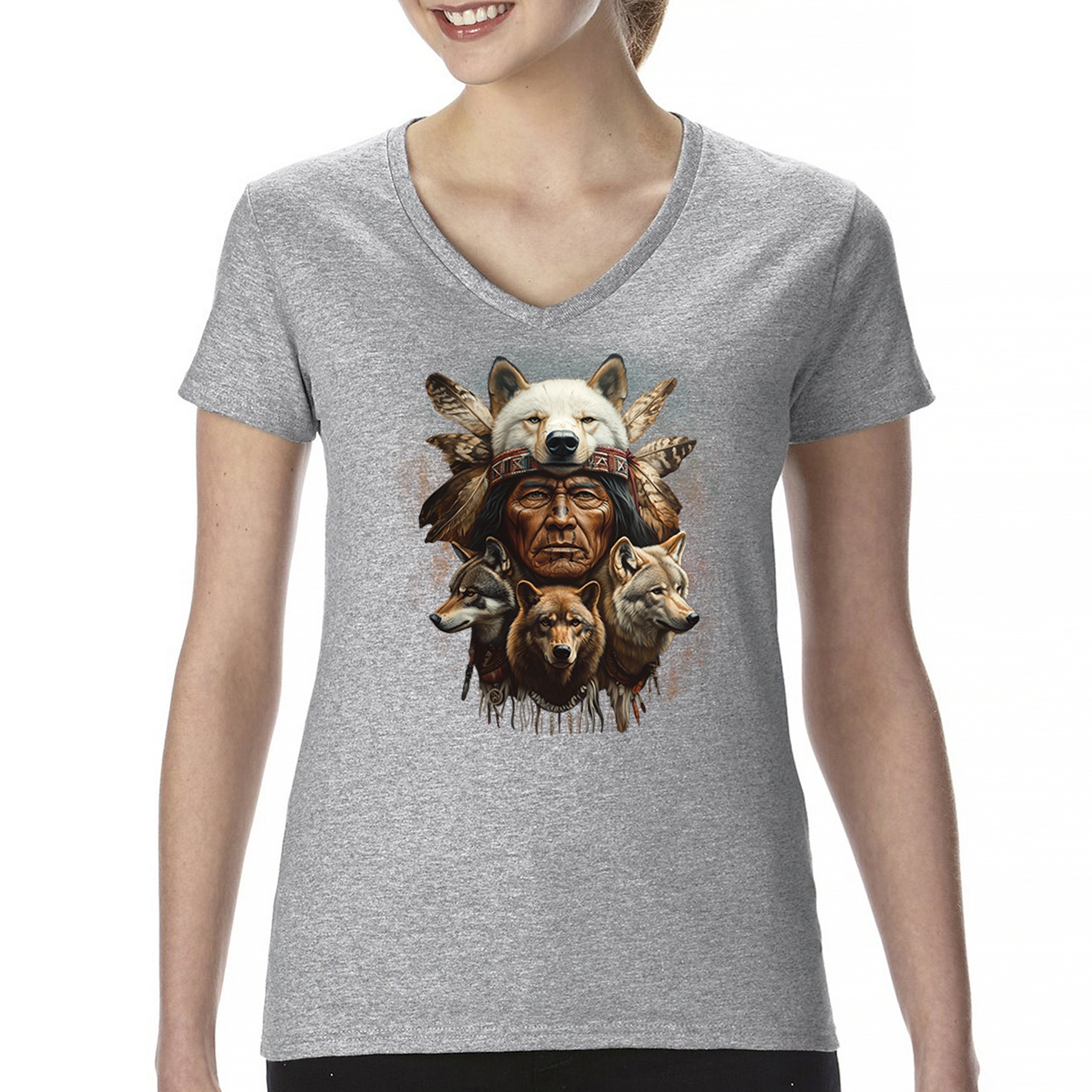 Native American Wolf Chief Women's V-Neck T-shirt Headdress Warrior Totem Tee - Picture 9 of 71