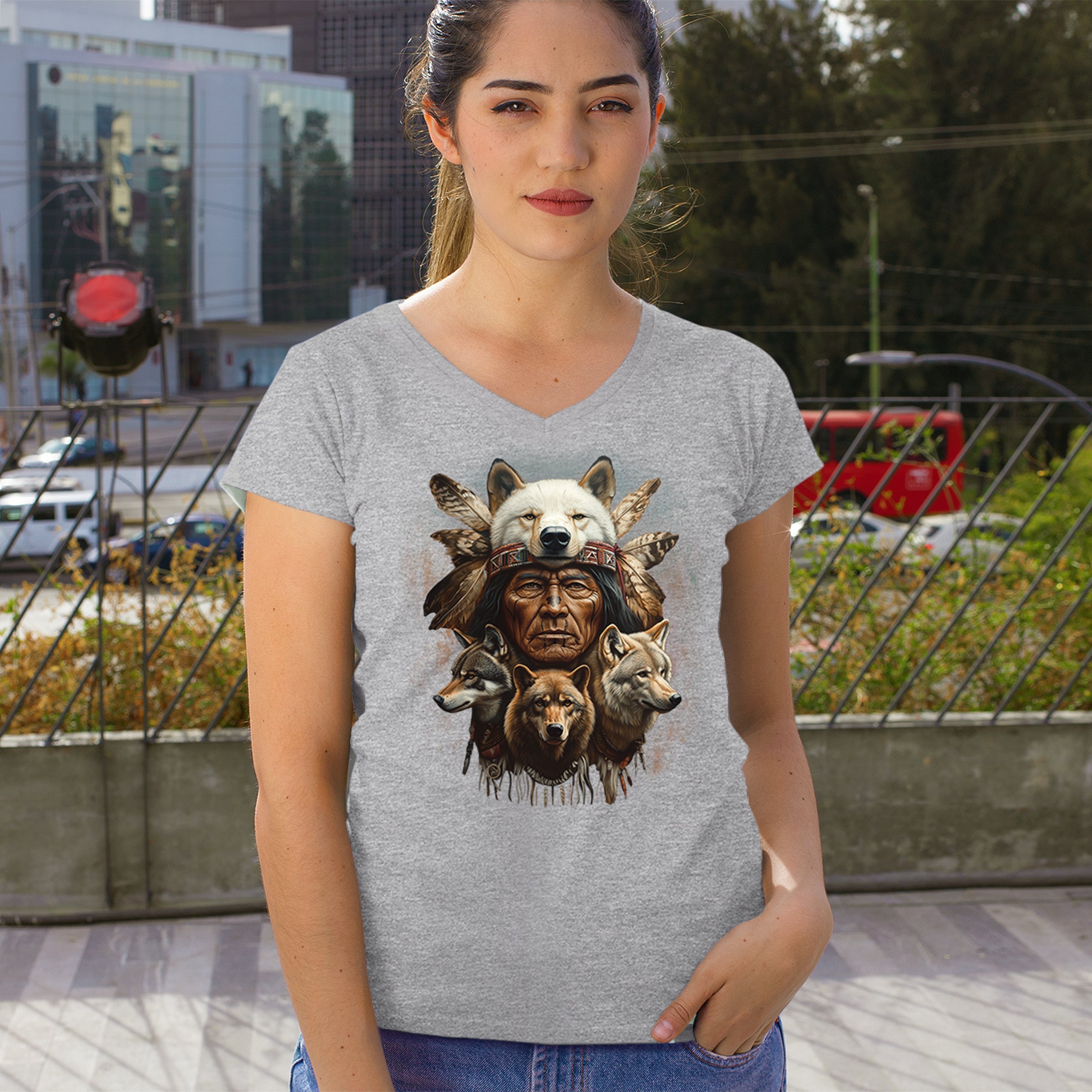 Native American Wolf Chief Women's V-Neck T-shirt Headdress Warrior Totem Tee - Picture 12 of 71
