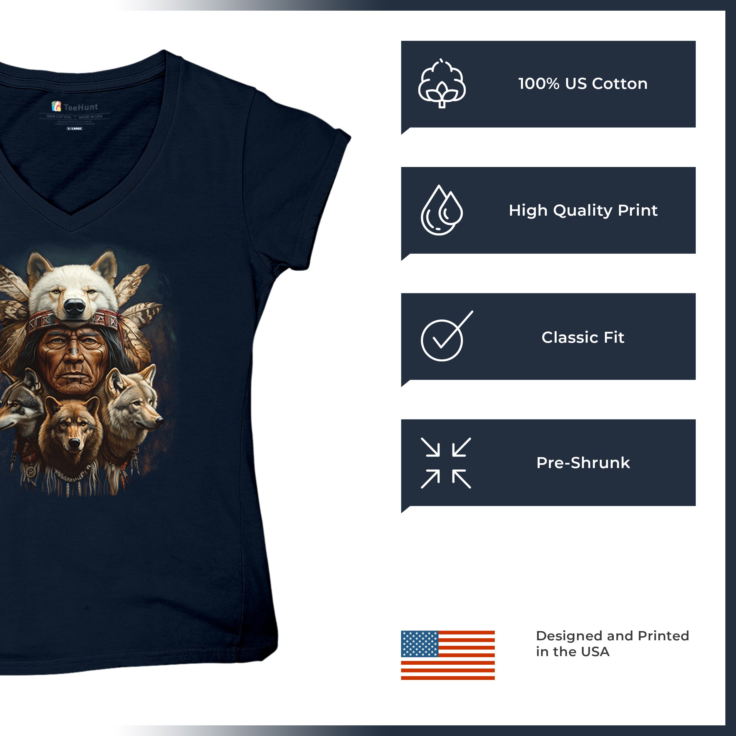 Native American Wolf Chief Women's V-Neck T-shirt Headdress Warrior Totem Tee - Picture 42 of 71