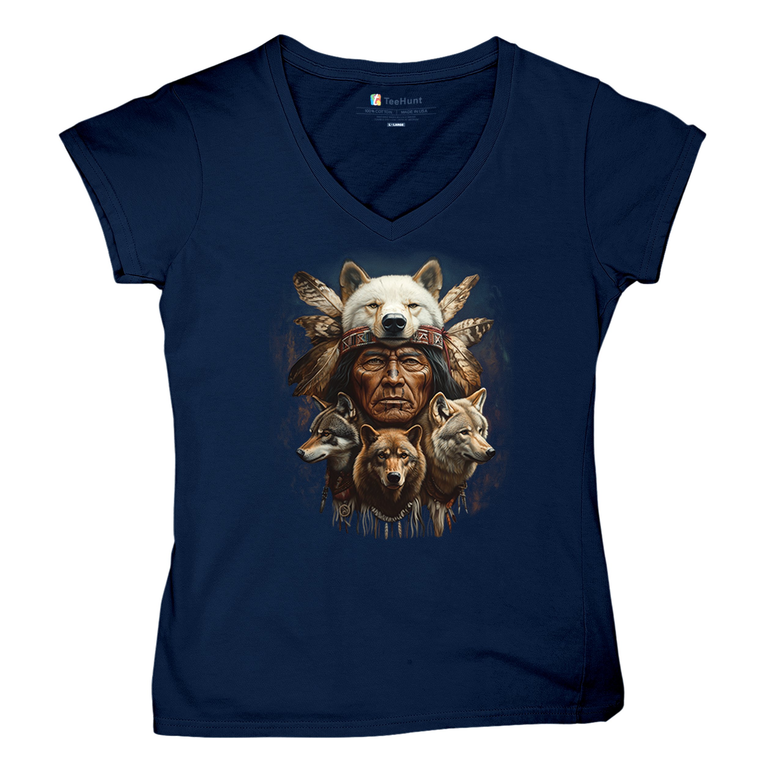 Native American Wolf Chief Women's V-Neck T-shirt Headdress Warrior Totem Tee - Picture 41 of 71