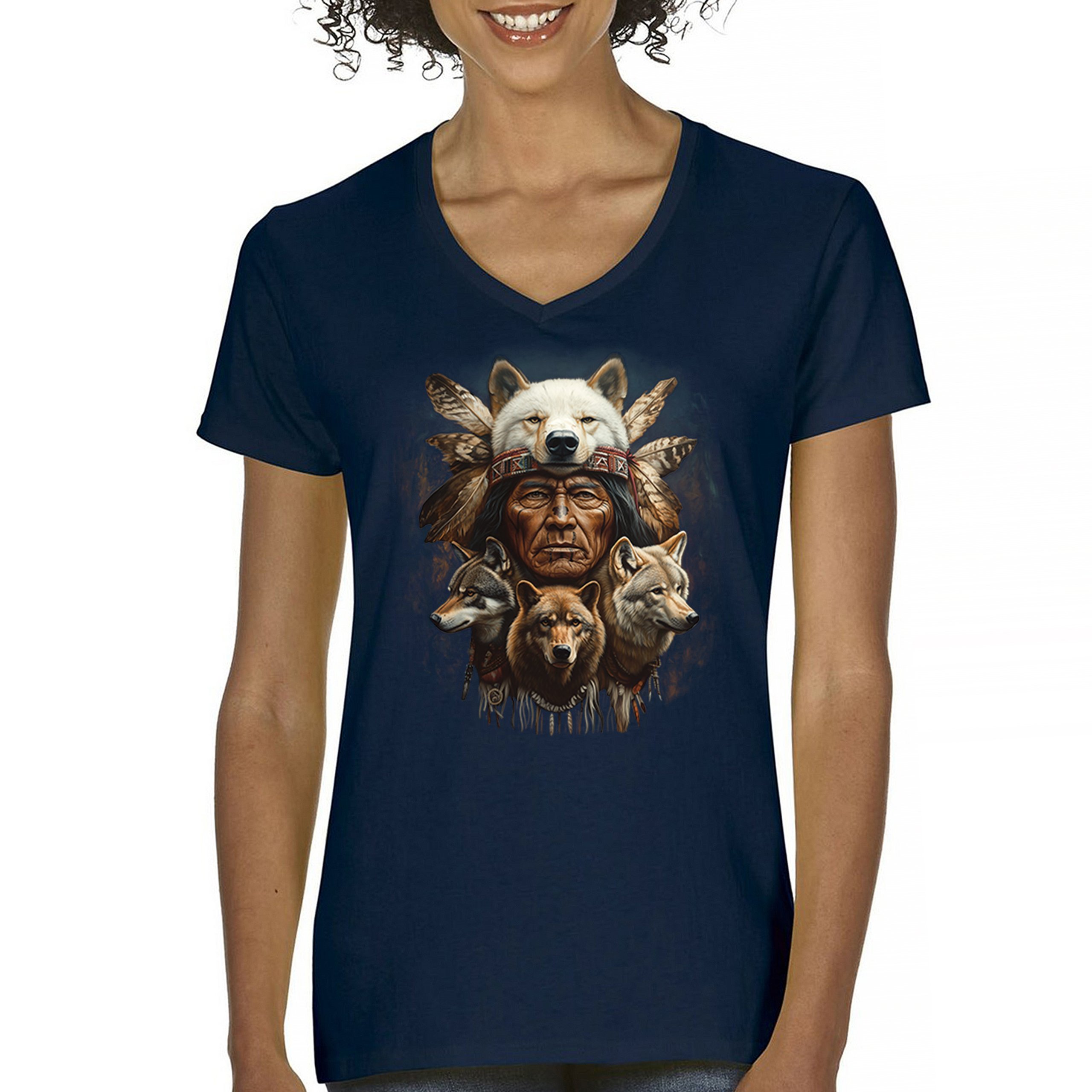 Native American Wolf Chief Women's V-Neck T-shirt Headdress Warrior Totem Tee - Picture 37 of 71