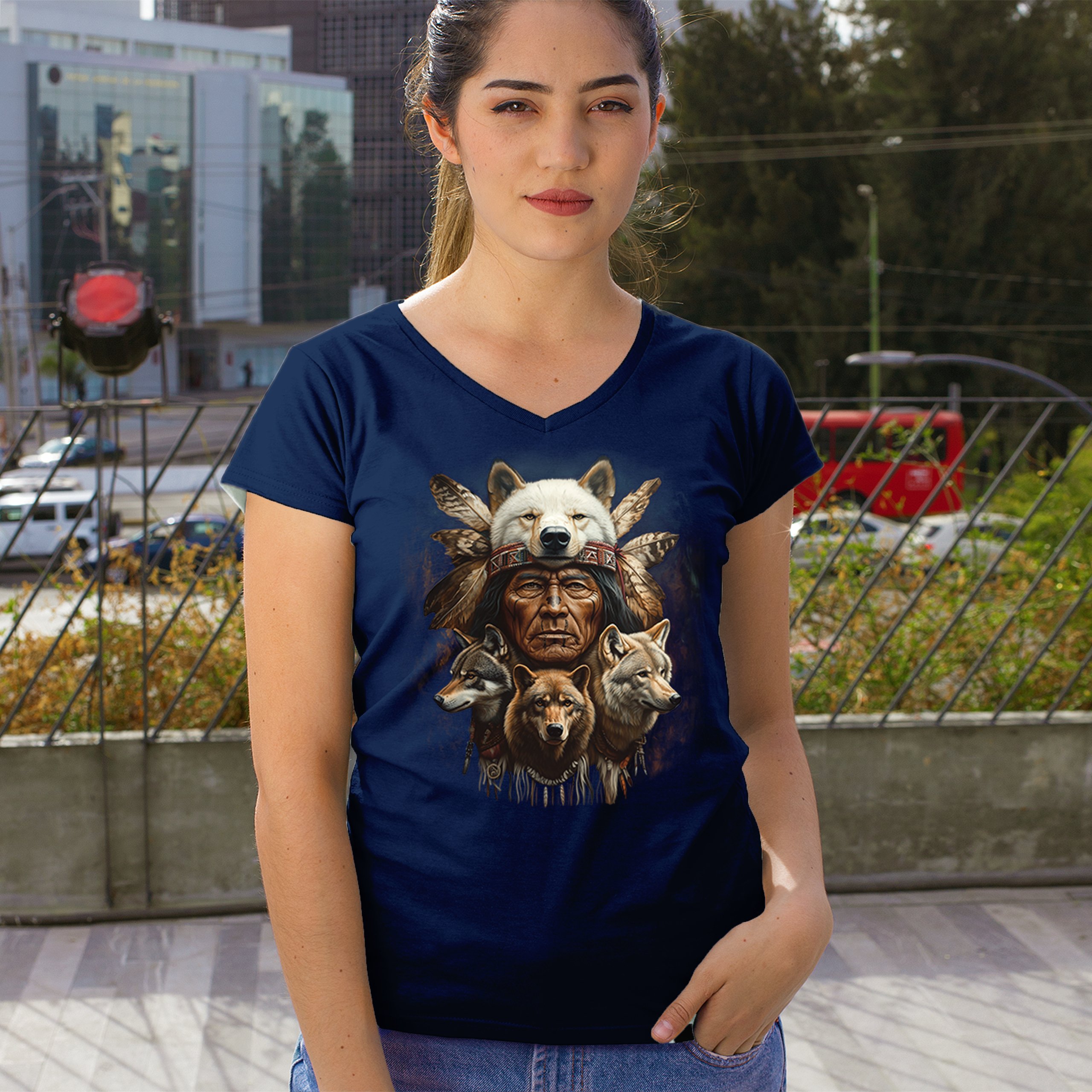 Native American Wolf Chief Women's V-Neck T-shirt Headdress Warrior Totem Tee - Picture 40 of 71