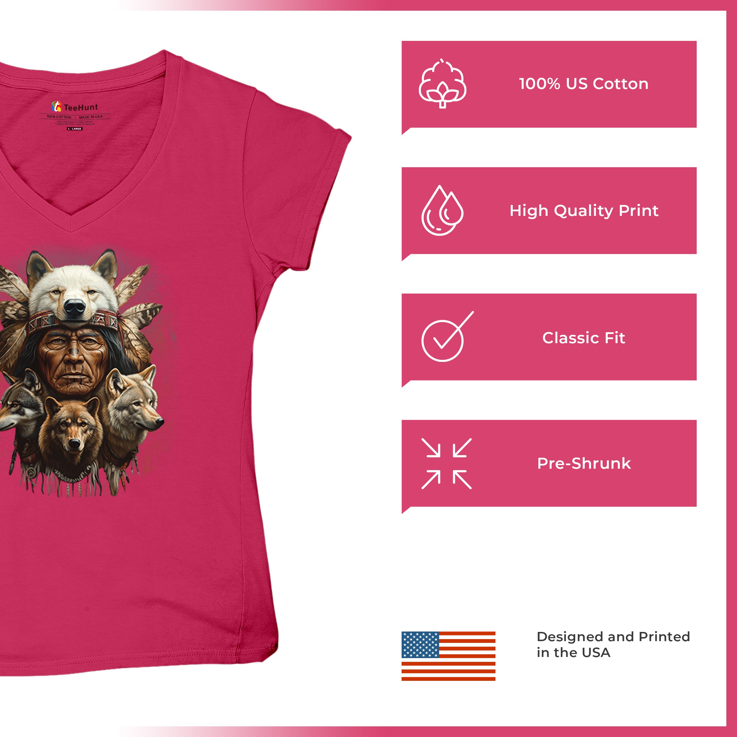 Native American Wolf Chief Women's V-Neck T-shirt Headdress Warrior Totem Tee - Picture 63 of 71