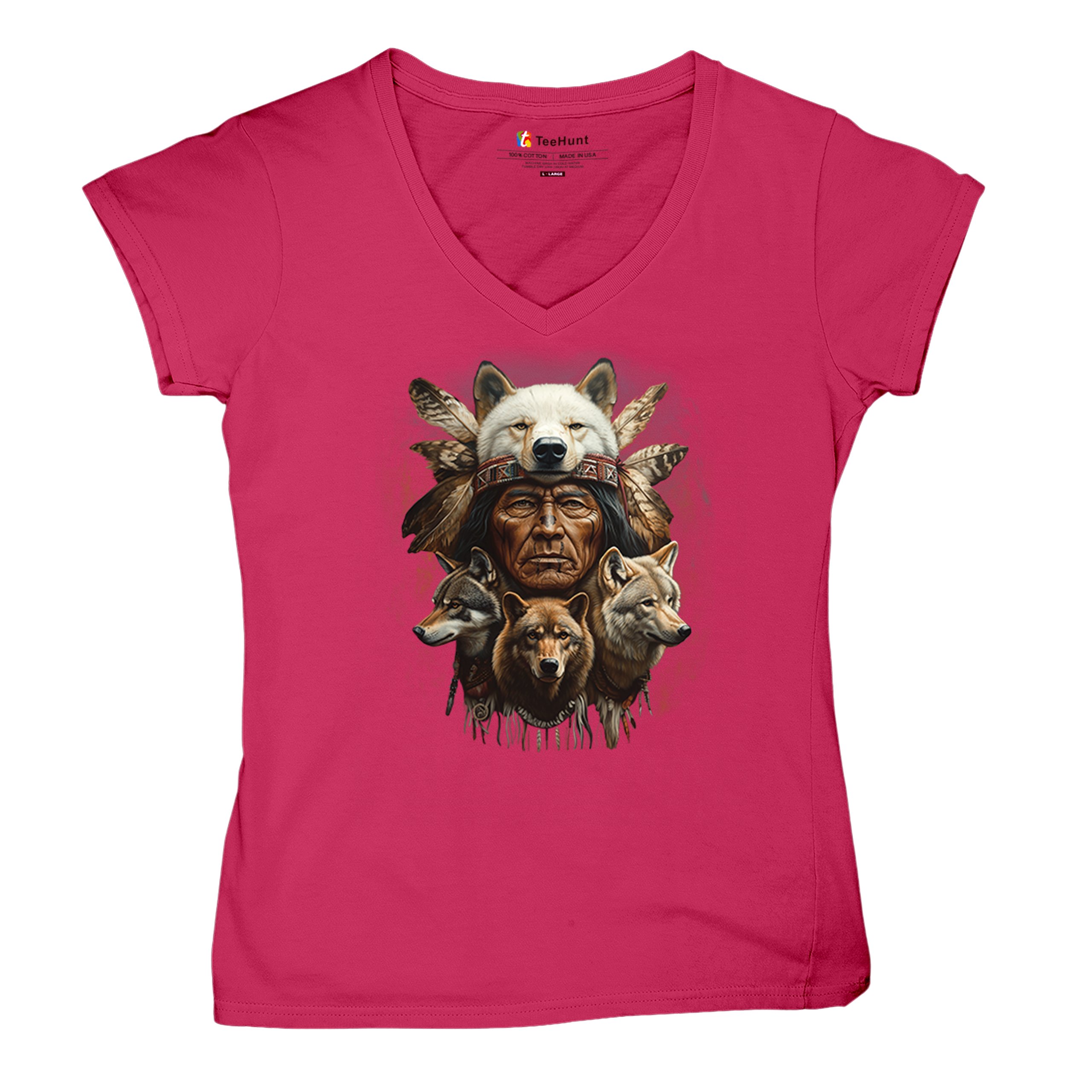 Native American Wolf Chief Women's V-Neck T-shirt Headdress Warrior Totem Tee - Picture 62 of 71