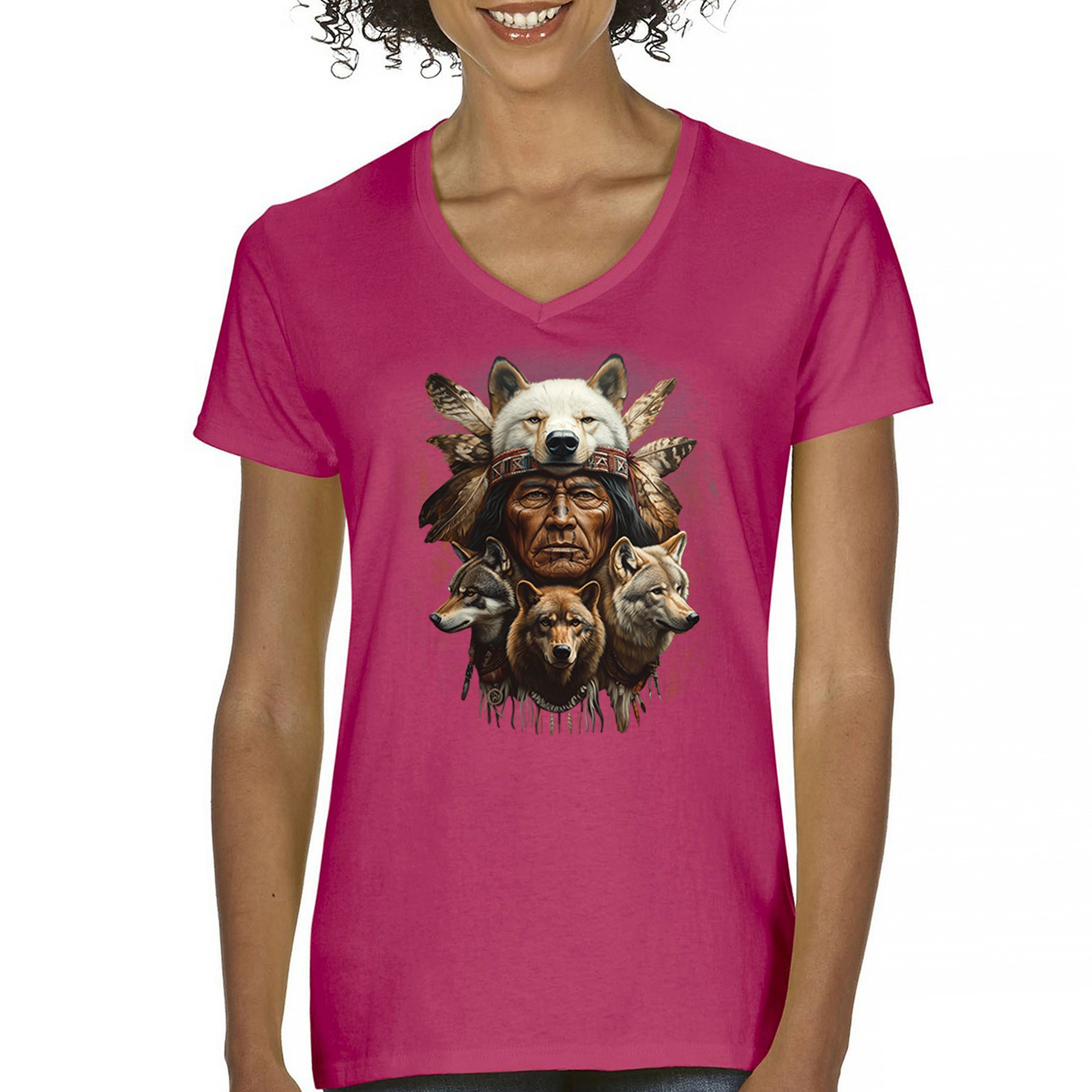 Native American Wolf Chief Women's V-Neck T-shirt Headdress Warrior Totem Tee - Picture 58 of 71