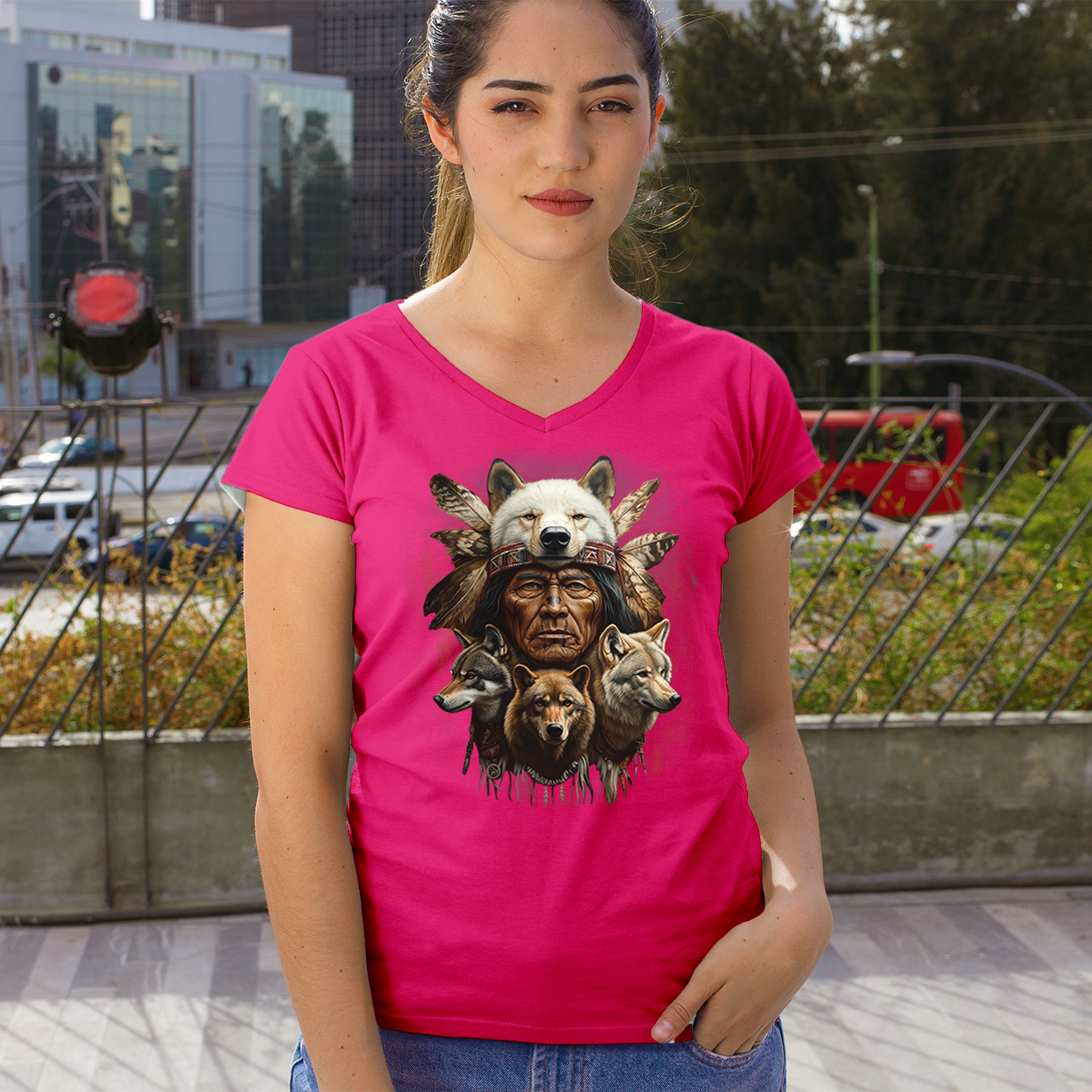 Native American Wolf Chief Women's V-Neck T-shirt Headdress Warrior Totem Tee - Picture 61 of 71