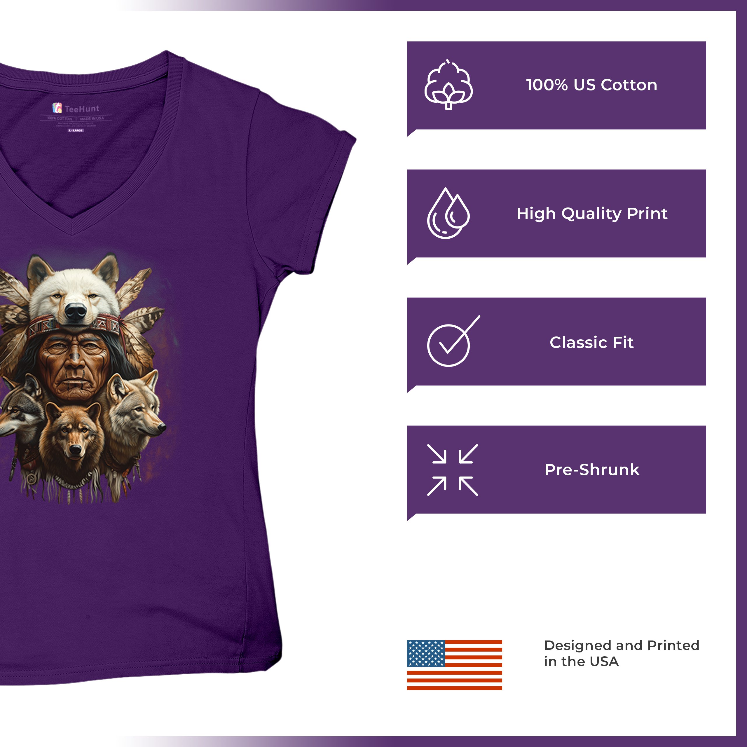 Native American Wolf Chief Women's V-Neck T-shirt Headdress Warrior Totem Tee - Picture 21 of 71