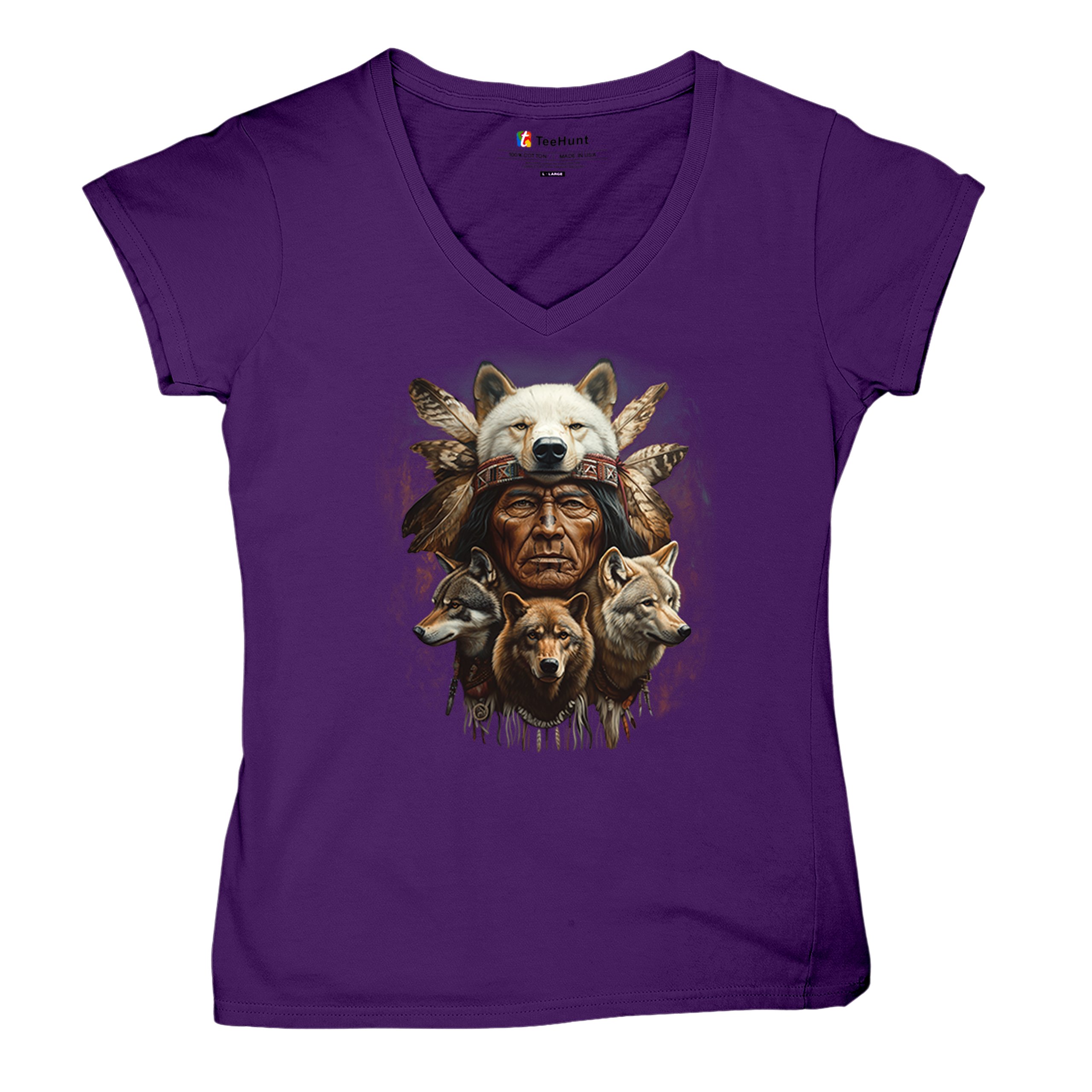 Native American Wolf Chief Women's V-Neck T-shirt Headdress Warrior Totem Tee - Picture 20 of 71