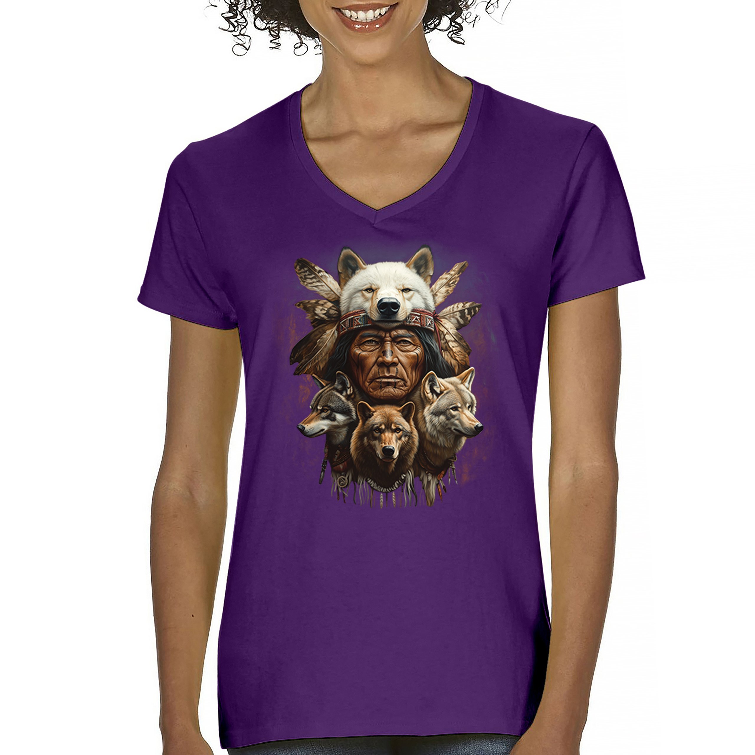 Native American Wolf Chief Women's V-Neck T-shirt Headdress Warrior Totem Tee - Picture 16 of 71