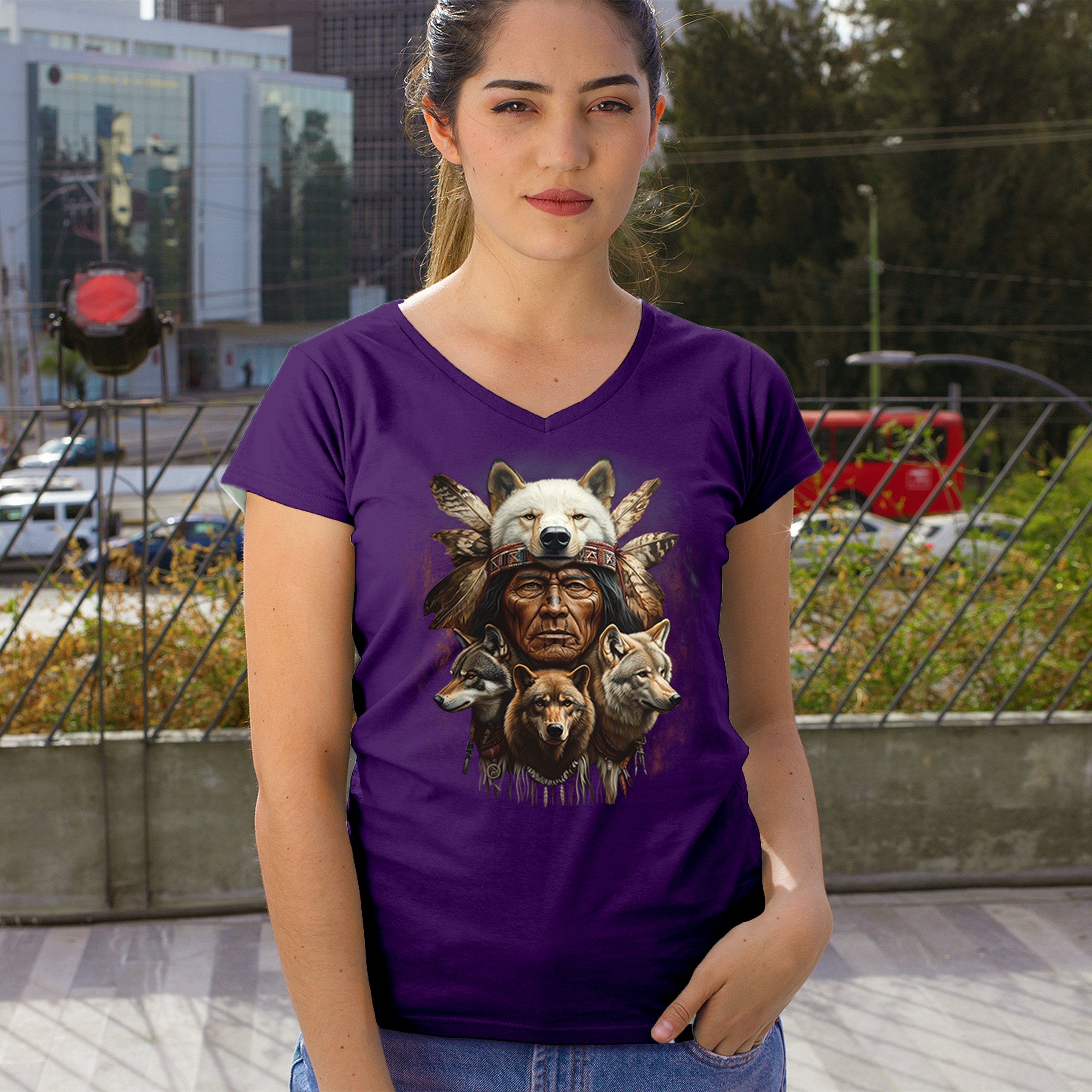 Native American Wolf Chief Women's V-Neck T-shirt Headdress Warrior Totem Tee - Picture 19 of 71