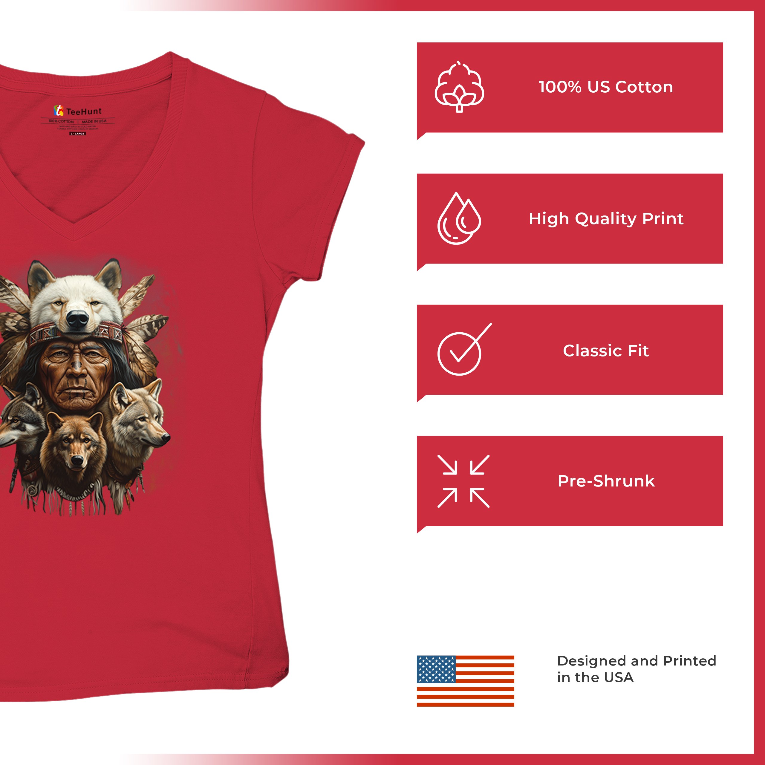 Native American Wolf Chief Women's V-Neck T-shirt Headdress Warrior Totem Tee - Picture 28 of 71