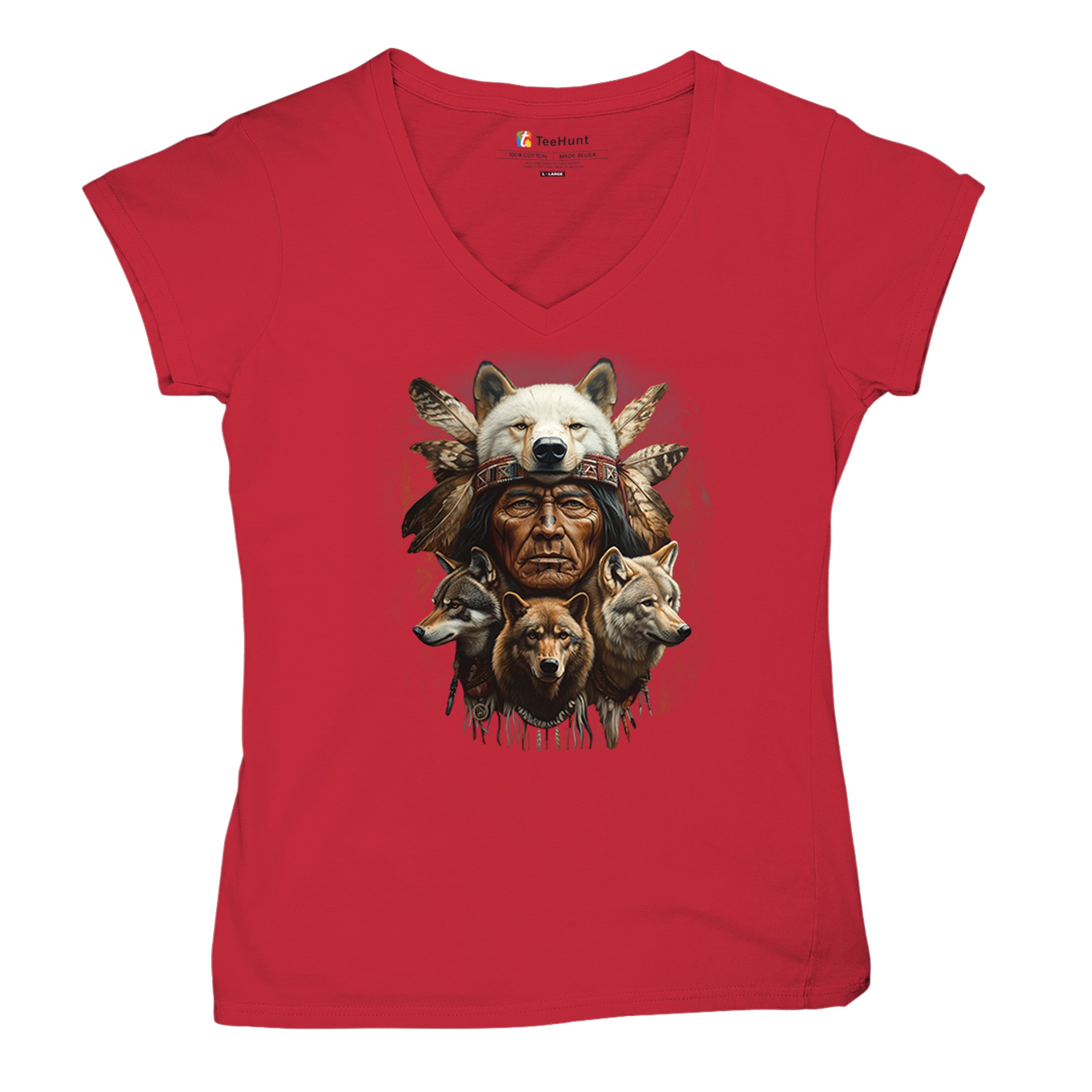 Native American Wolf Chief Women's V-Neck T-shirt Headdress Warrior Totem Tee - Picture 27 of 71
