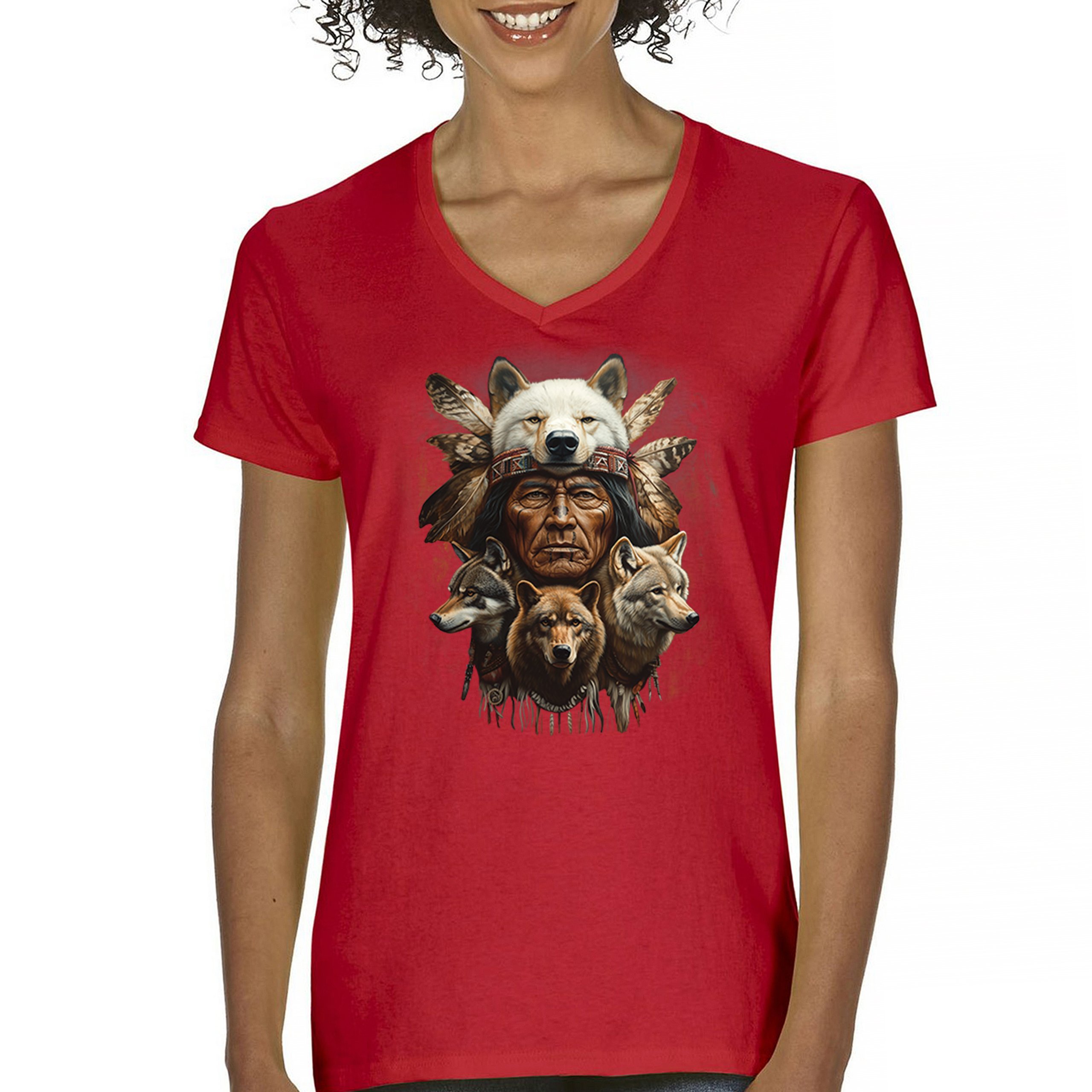 Native American Wolf Chief Women's V-Neck T-shirt Headdress Warrior Totem Tee - Picture 23 of 71