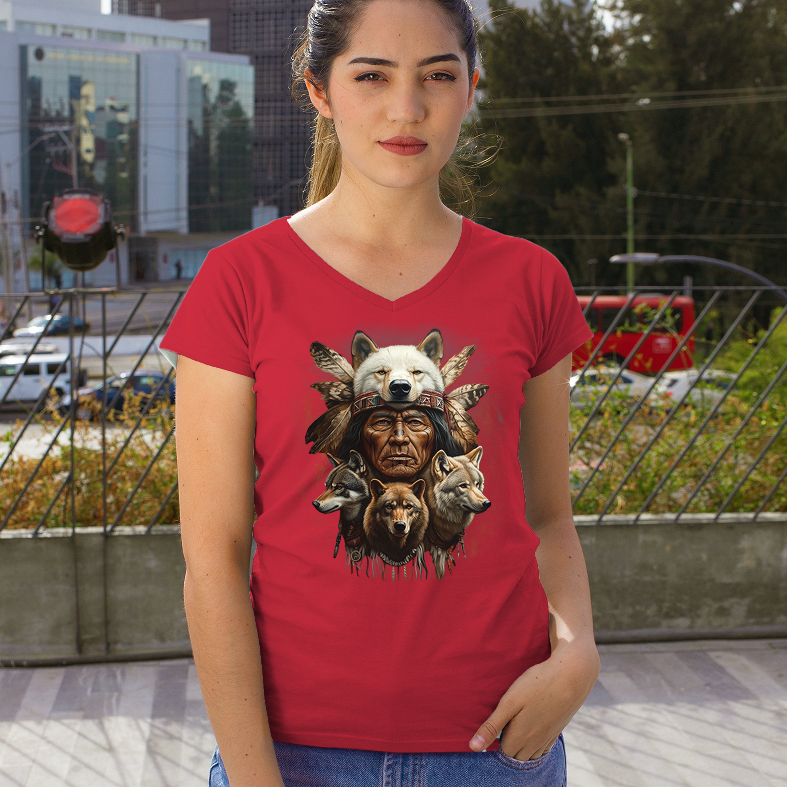 Native American Wolf Chief Women's V-Neck T-shirt Headdress Warrior Totem Tee - Picture 26 of 71