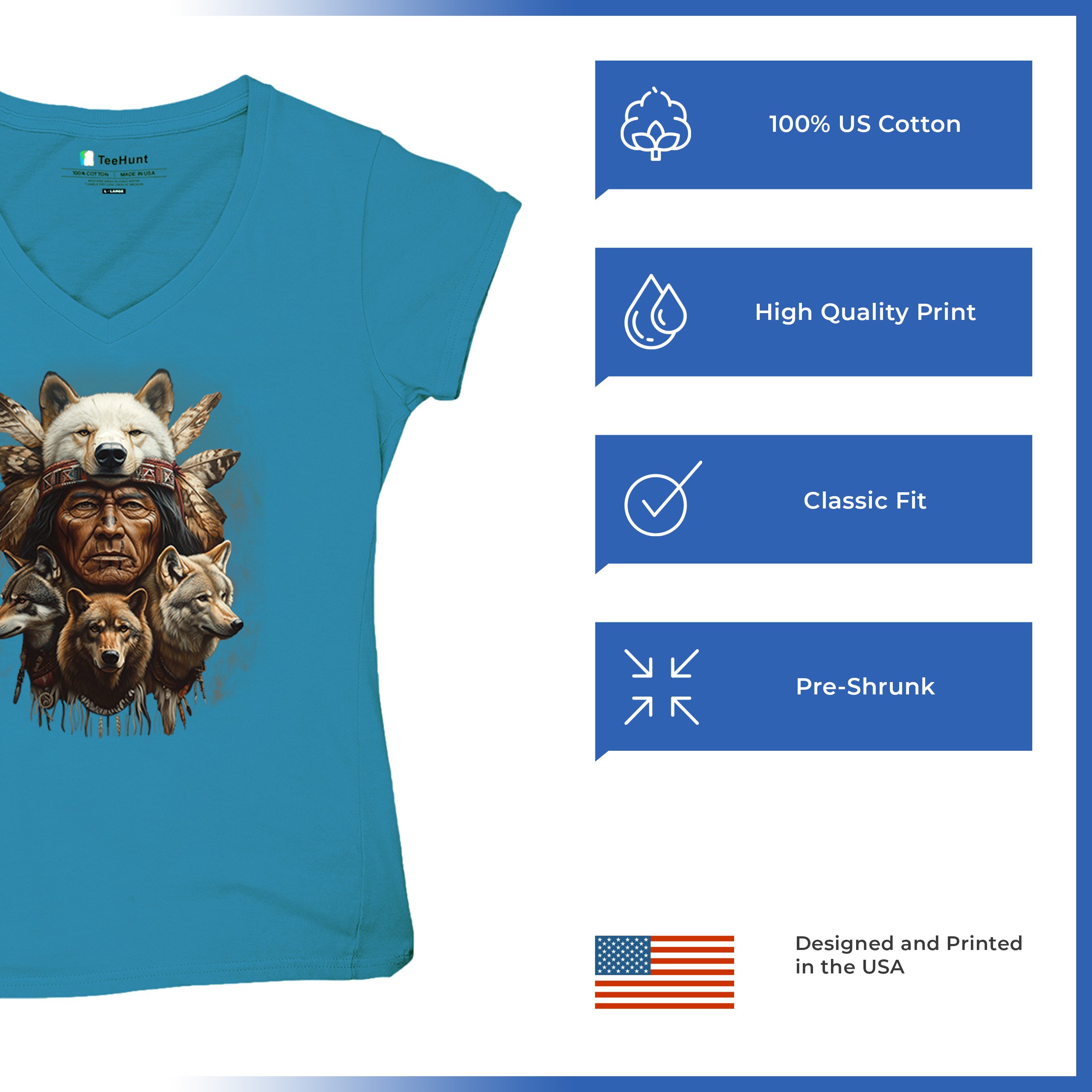 Native American Wolf Chief Women's V-Neck T-shirt Headdress Warrior Totem Tee - Picture 70 of 71