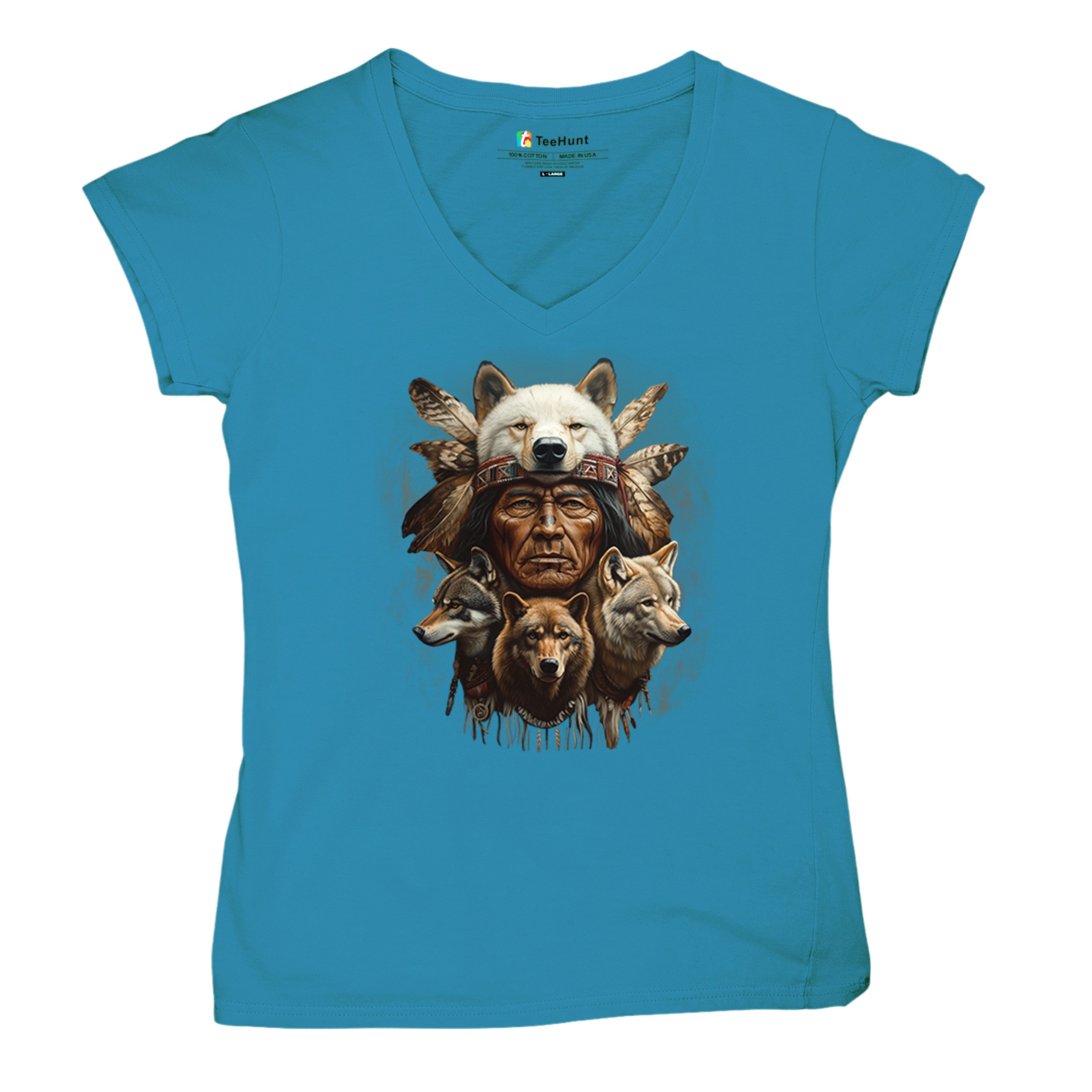 Native American Wolf Chief Women's V-Neck T-shirt Headdress Warrior Totem Tee - Picture 69 of 71