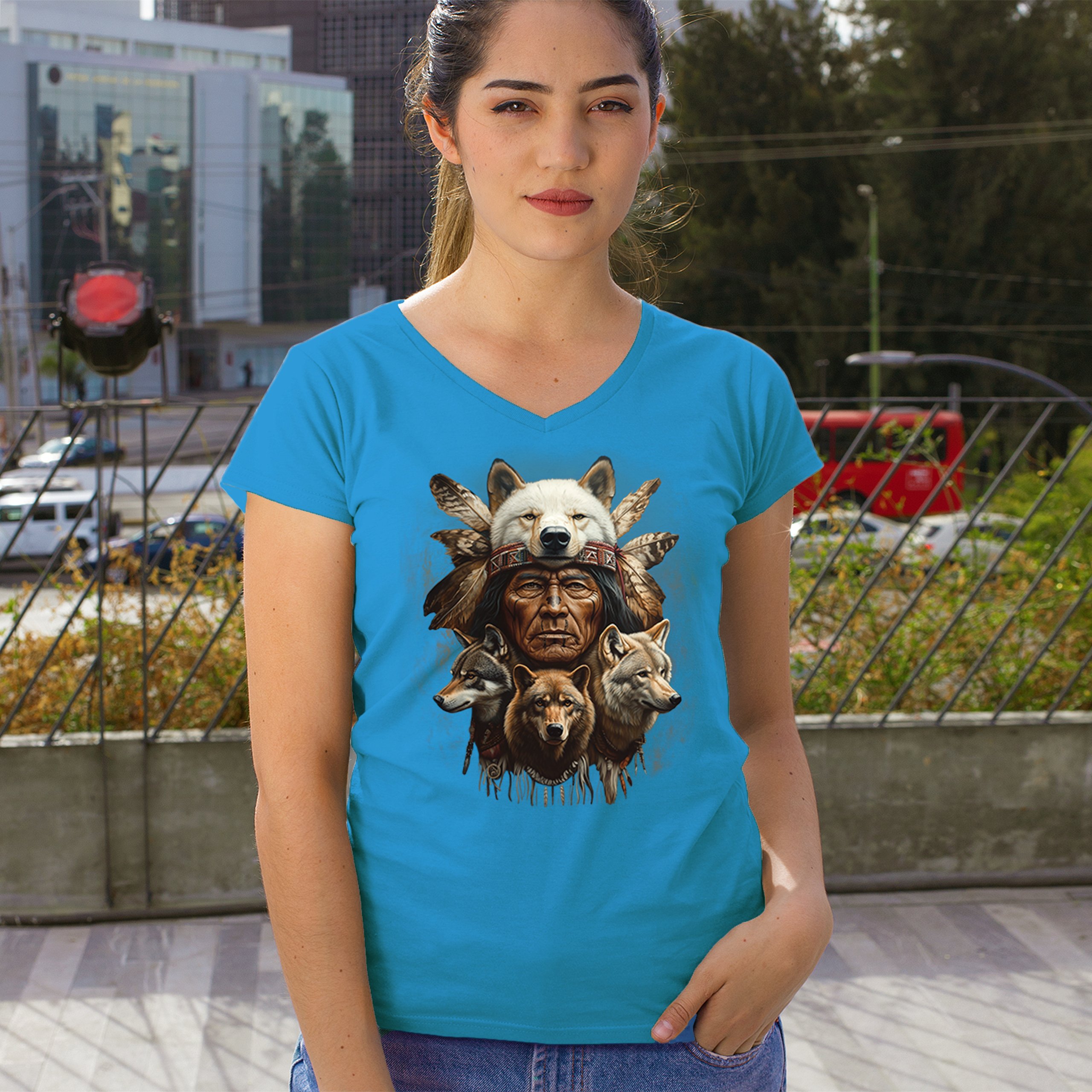 Native American Wolf Chief Women's V-Neck T-shirt Headdress Warrior Totem Tee - Picture 68 of 71