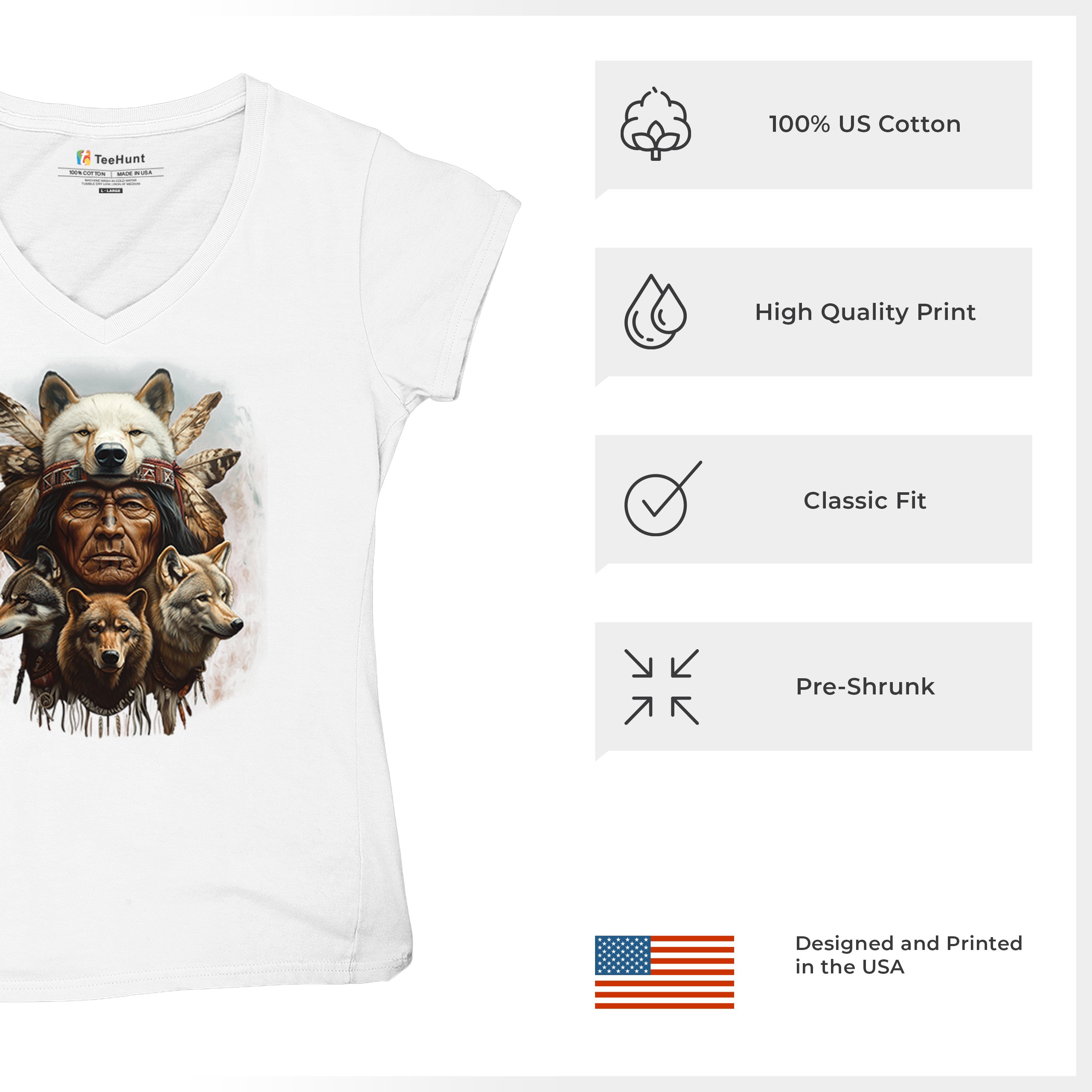Native American Wolf Chief Women's V-Neck T-shirt Headdress Warrior Totem Tee - Picture 35 of 71