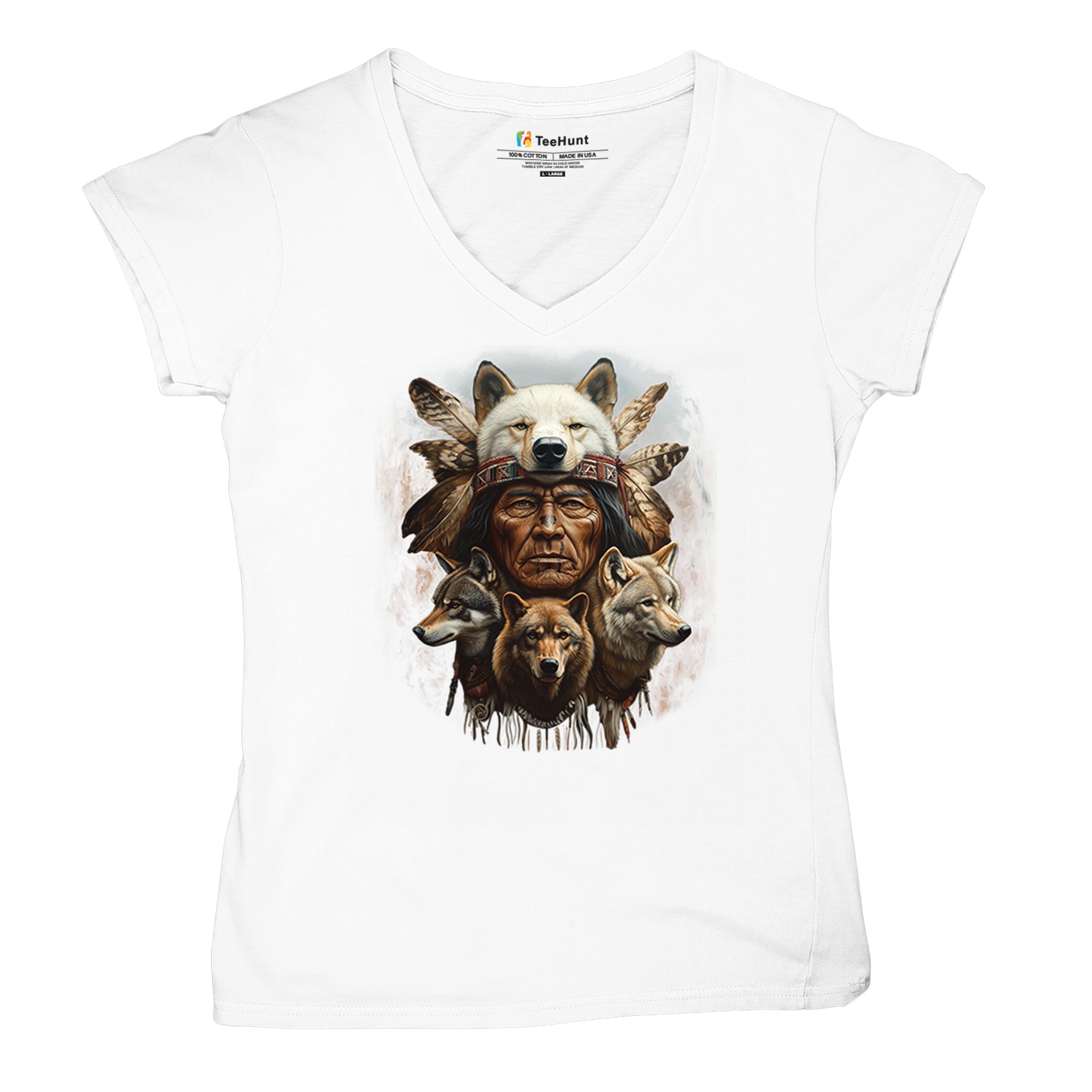Native American Wolf Chief Women's V-Neck T-shirt Headdress Warrior Totem Tee - Picture 34 of 71