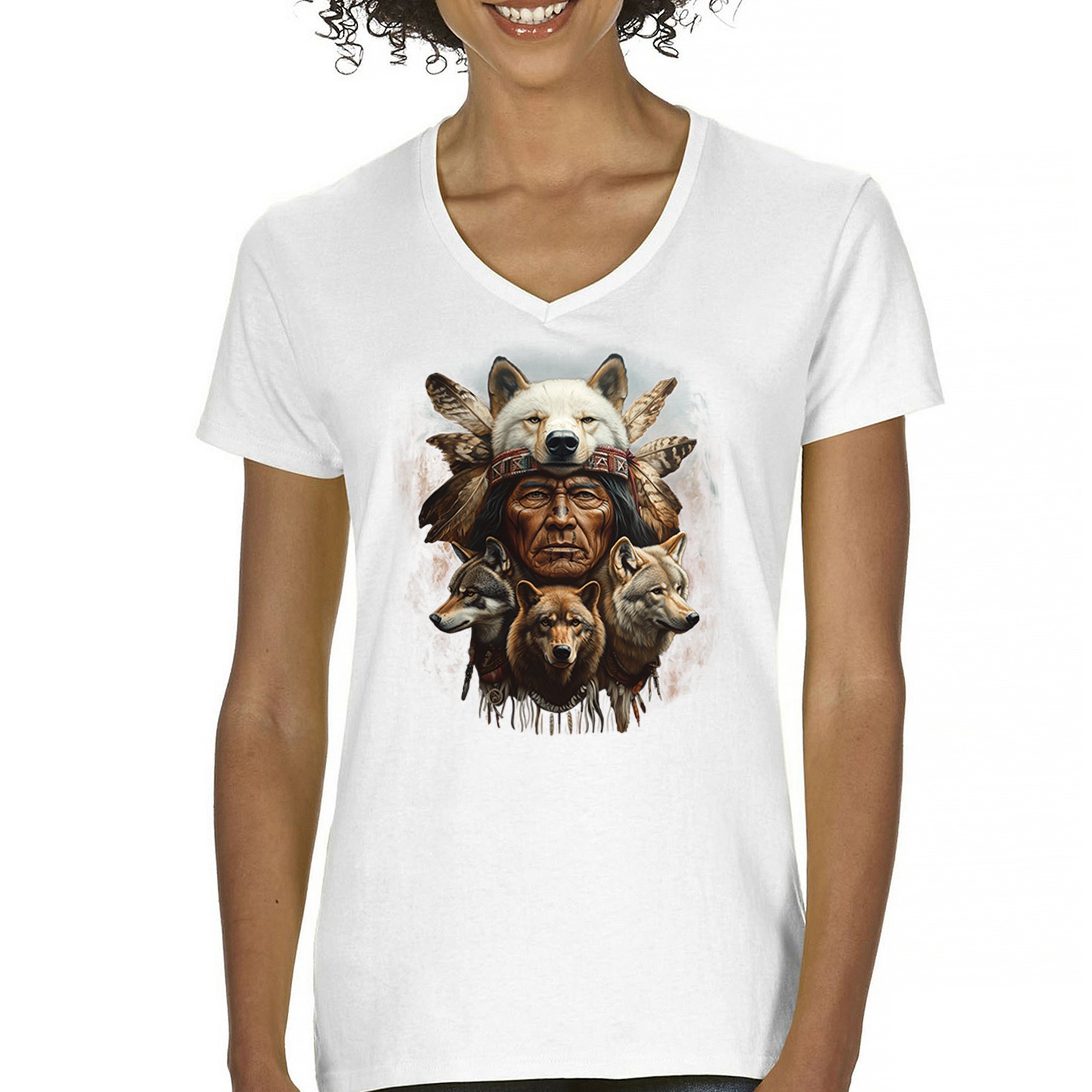 Native American Wolf Chief Women's V-Neck T-shirt Headdress Warrior Totem Tee - Picture 30 of 71