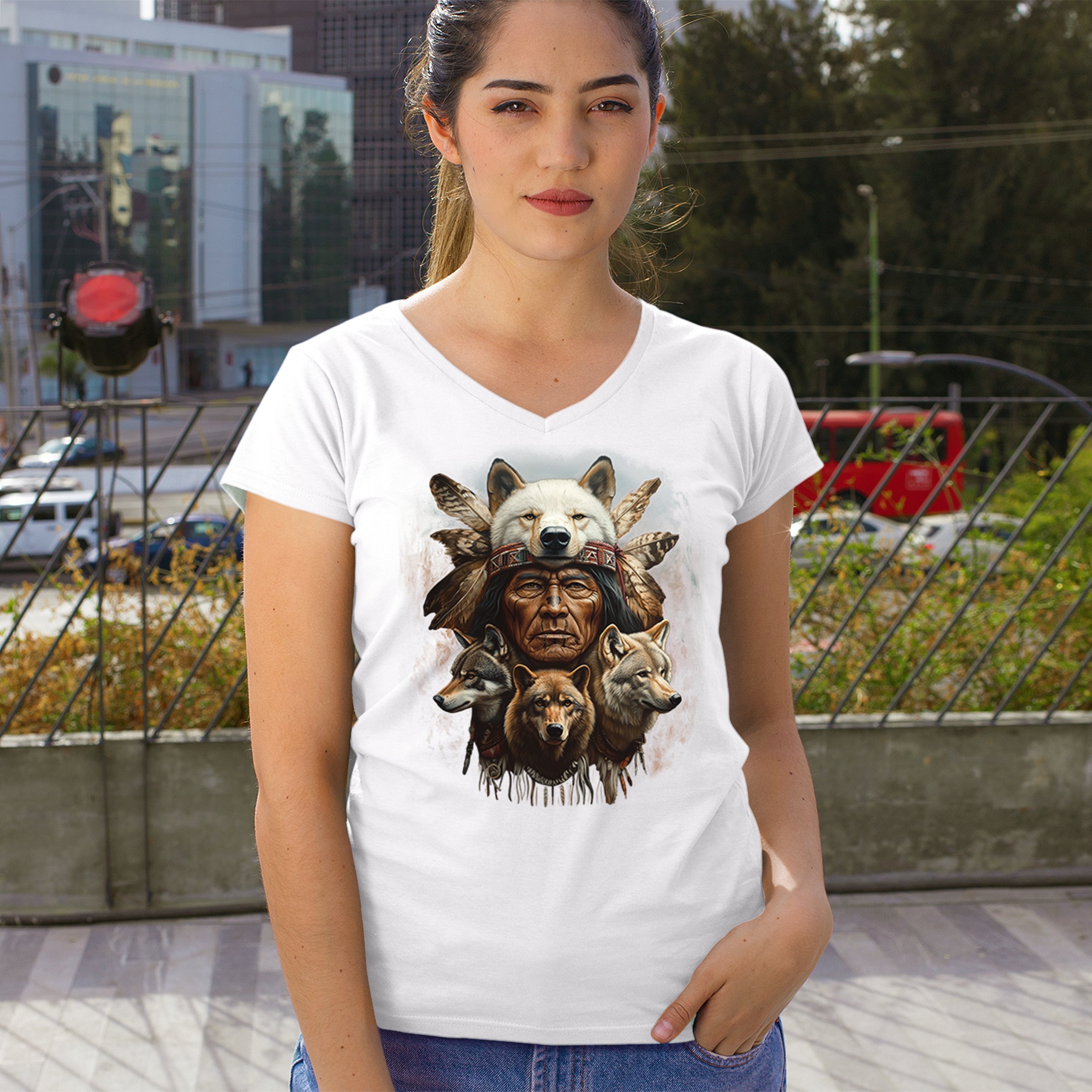 Native American Wolf Chief Women's V-Neck T-shirt Headdress Warrior Totem Tee - Picture 33 of 71