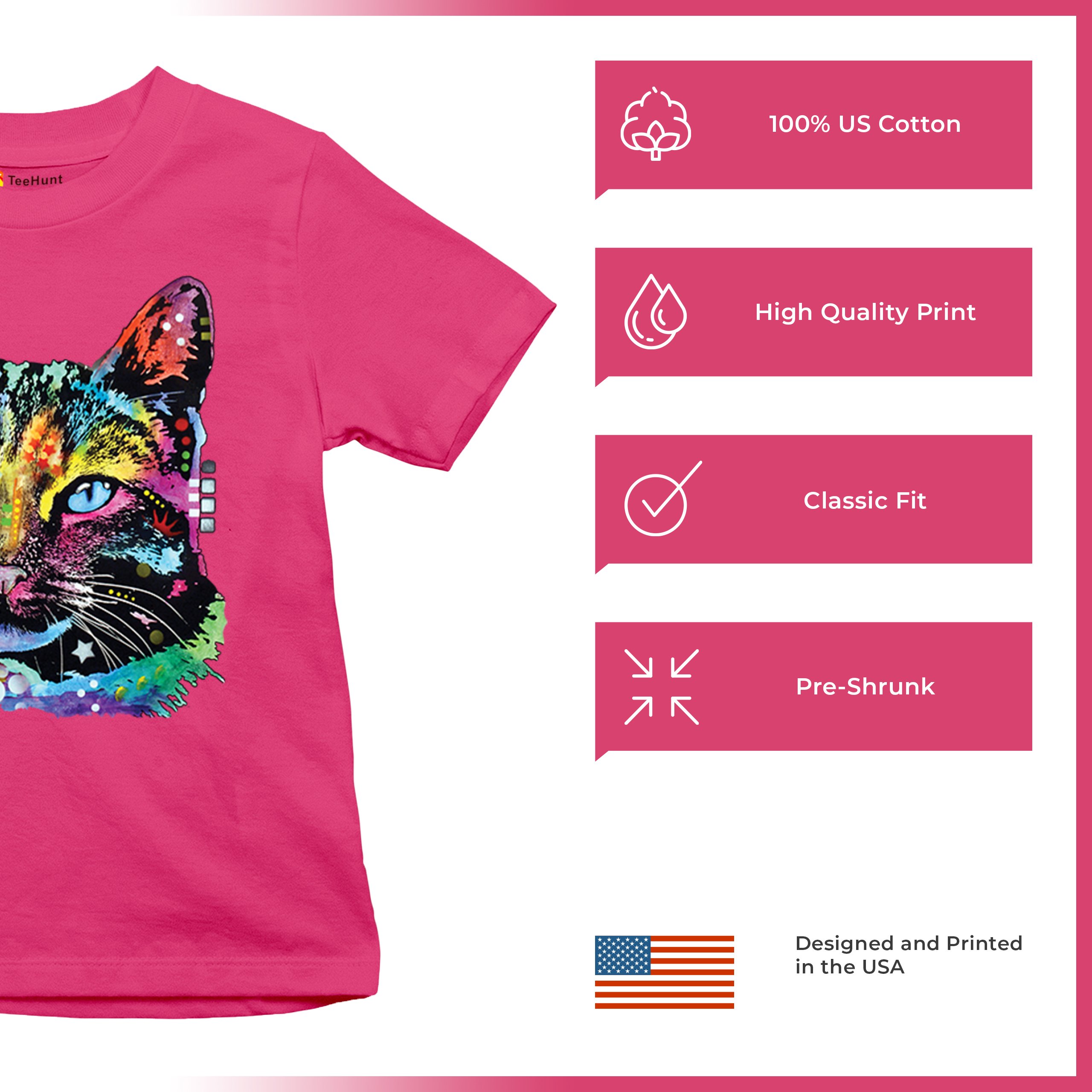 Dean Russo Thoughtful Cat Youth T-shirt Colorful Pet Kitten Eyes Meow Kids - Picture 49 of 50