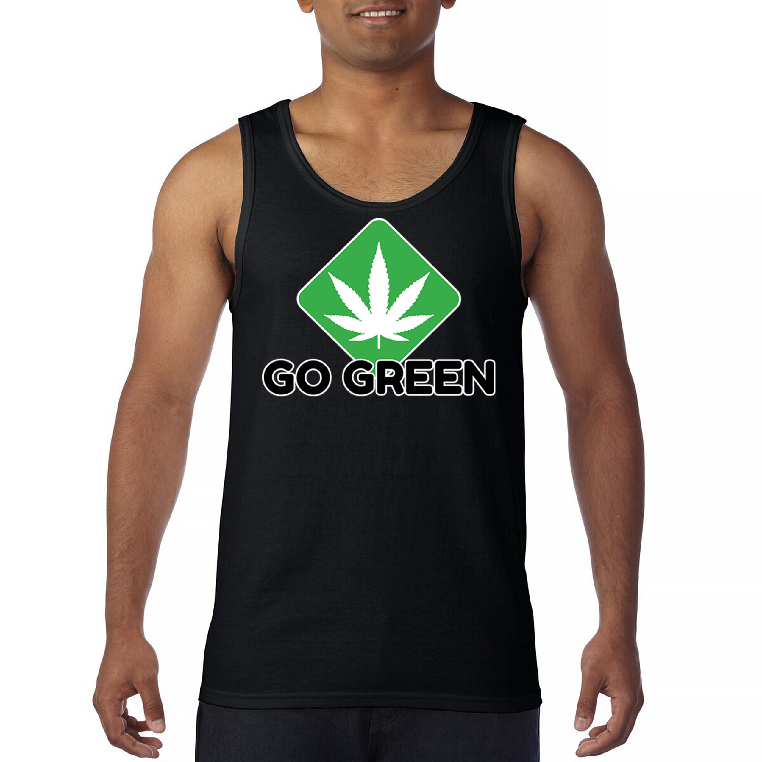 Go Green Weed Tank Top Cannabis Leaf Logo Eco 420 Marijuana Kush THC Men’s Top