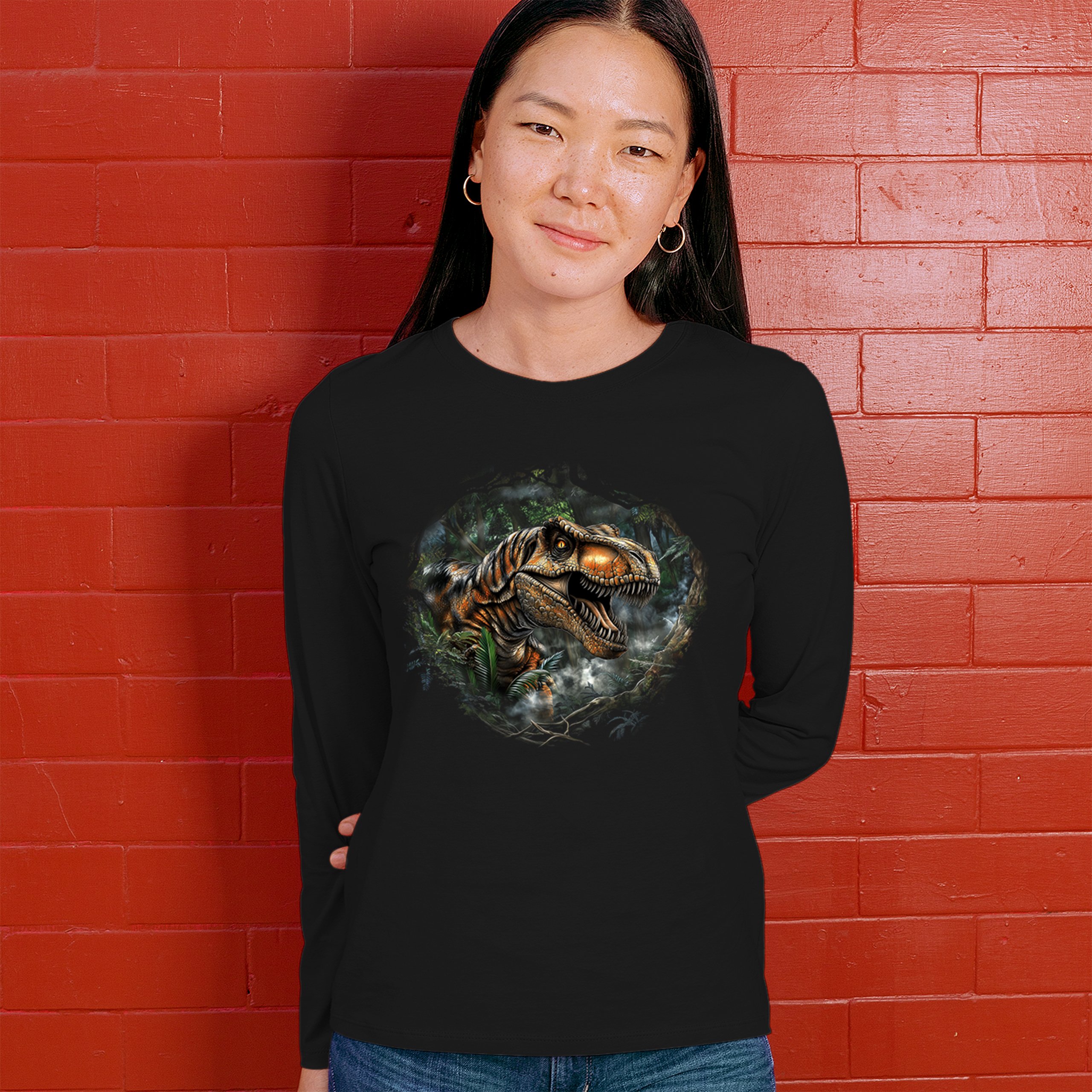 T-Rex Jungle Women's Long Sleeve T-shirt Roaring Dinosaur Predator Jurassic Era - Picture 5 of 15