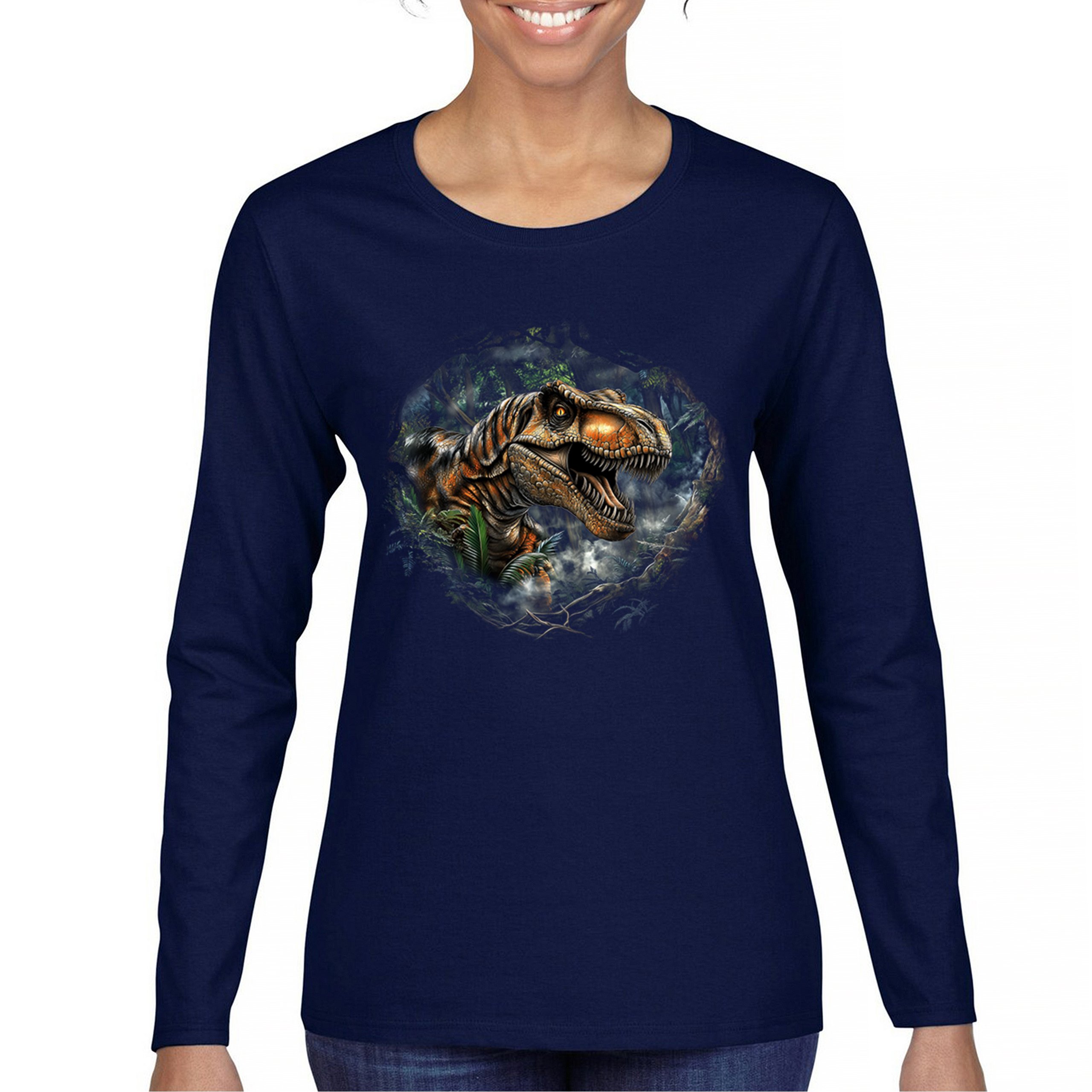 T-Rex Jungle Women's Long Sleeve T-shirt Roaring Dinosaur Predator Jurassic Era - Picture 9 of 15