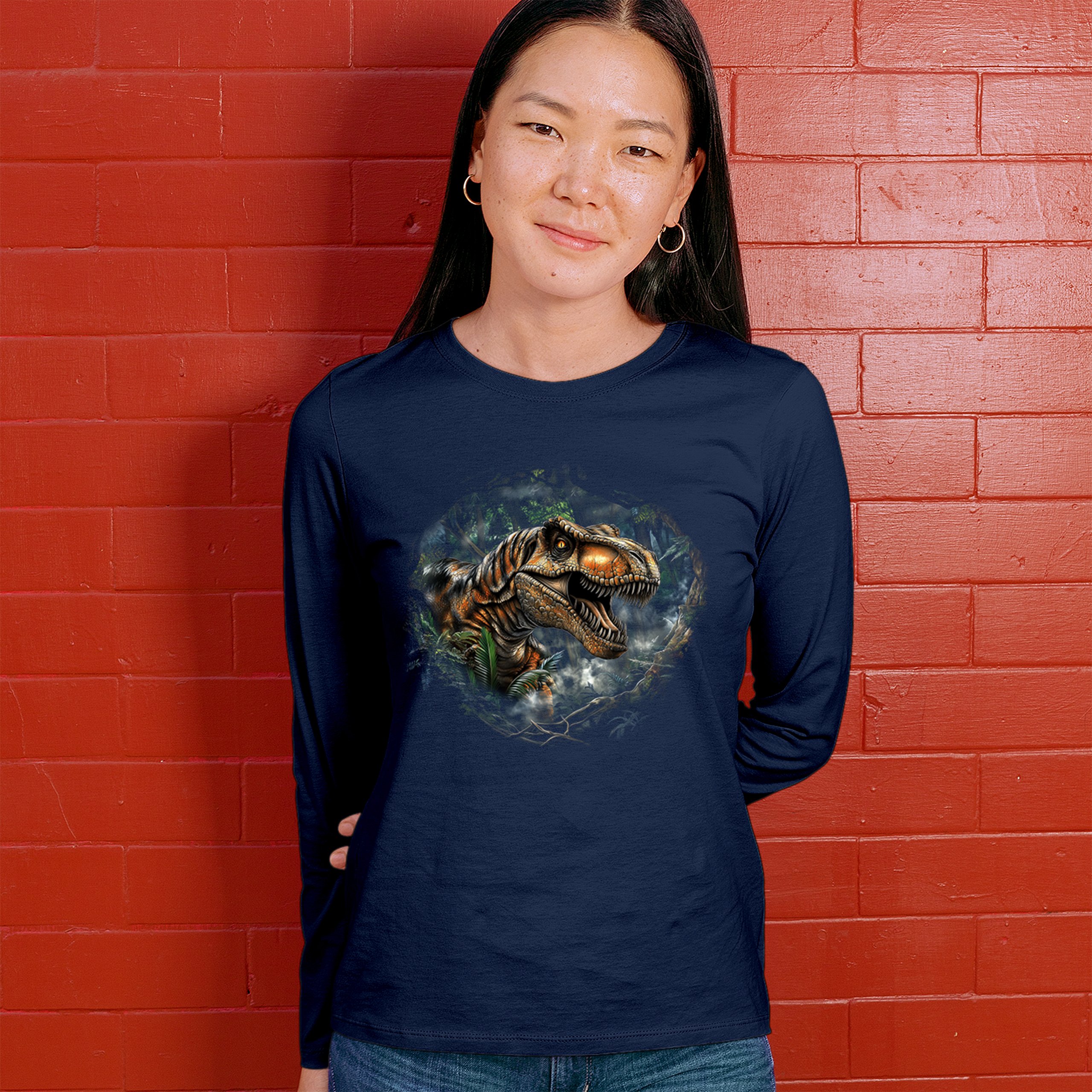 T-Rex Jungle Women's Long Sleeve T-shirt Roaring Dinosaur Predator Jurassic Era - Picture 12 of 15