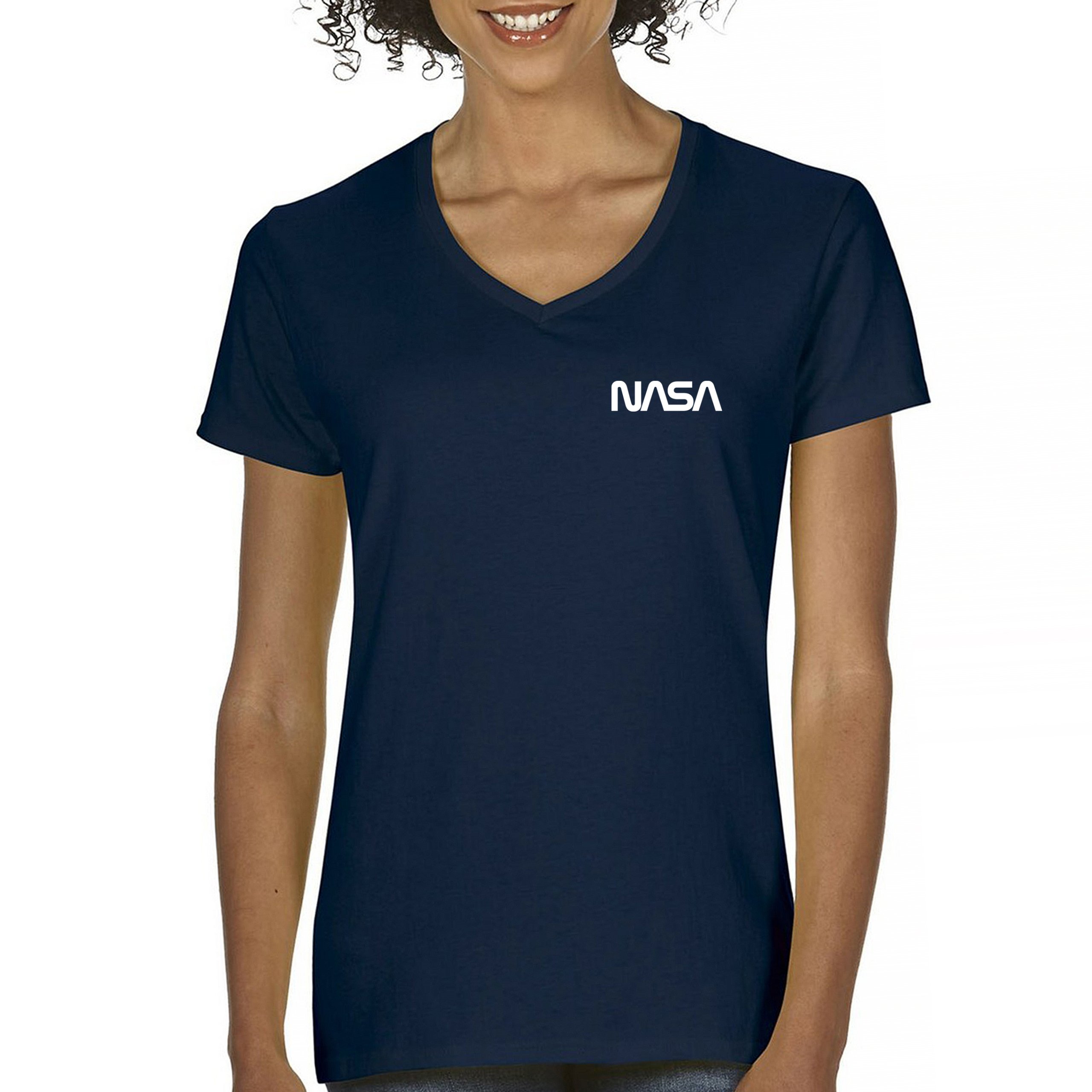 NASA Worm Logo Crest Women’s V-Neck T-shirt Astronaut Space Souvenir Emblem