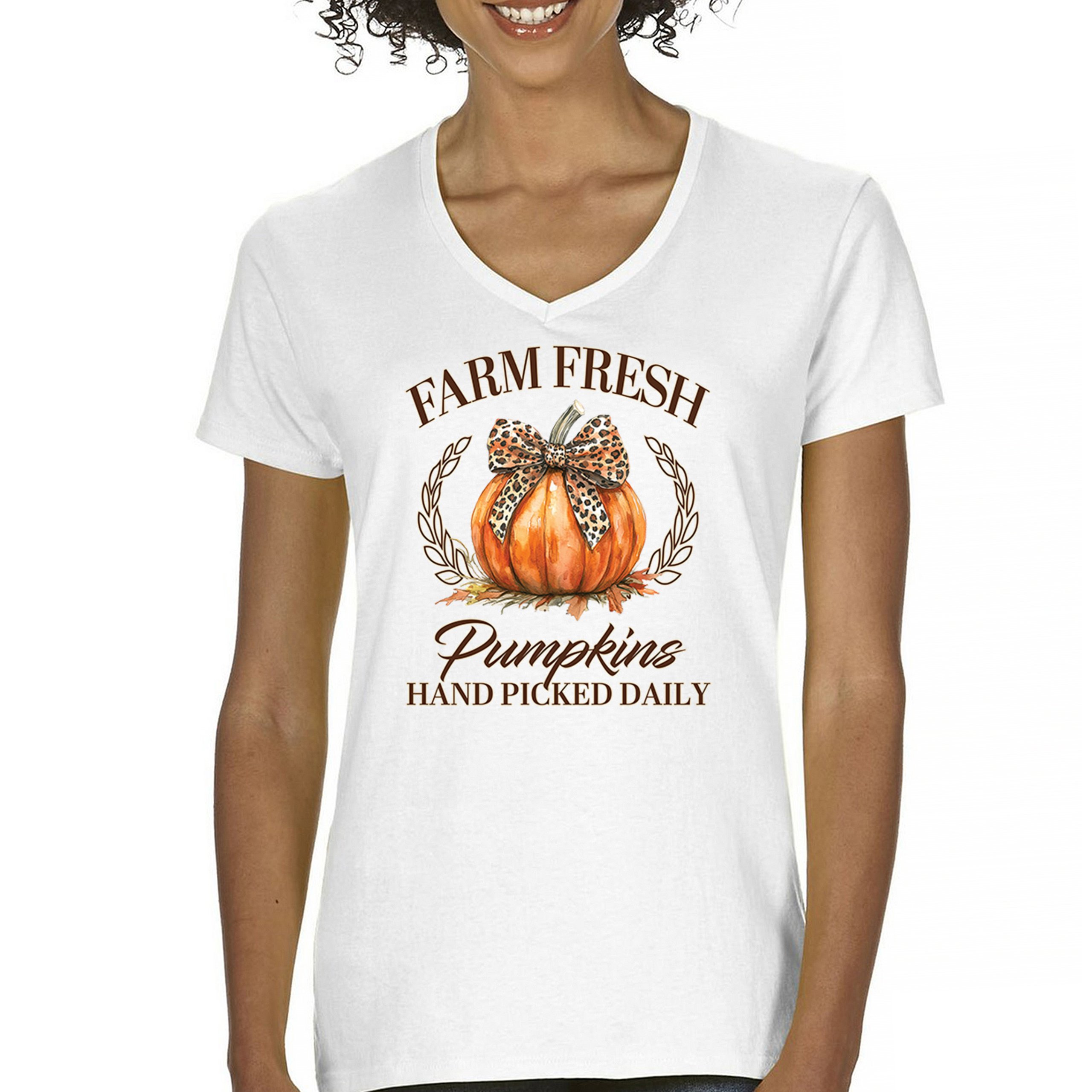 Farm Fresh Pumpkins Women's V-Neck T-shirt Fall Cozy Thanksgiving Cute Tee