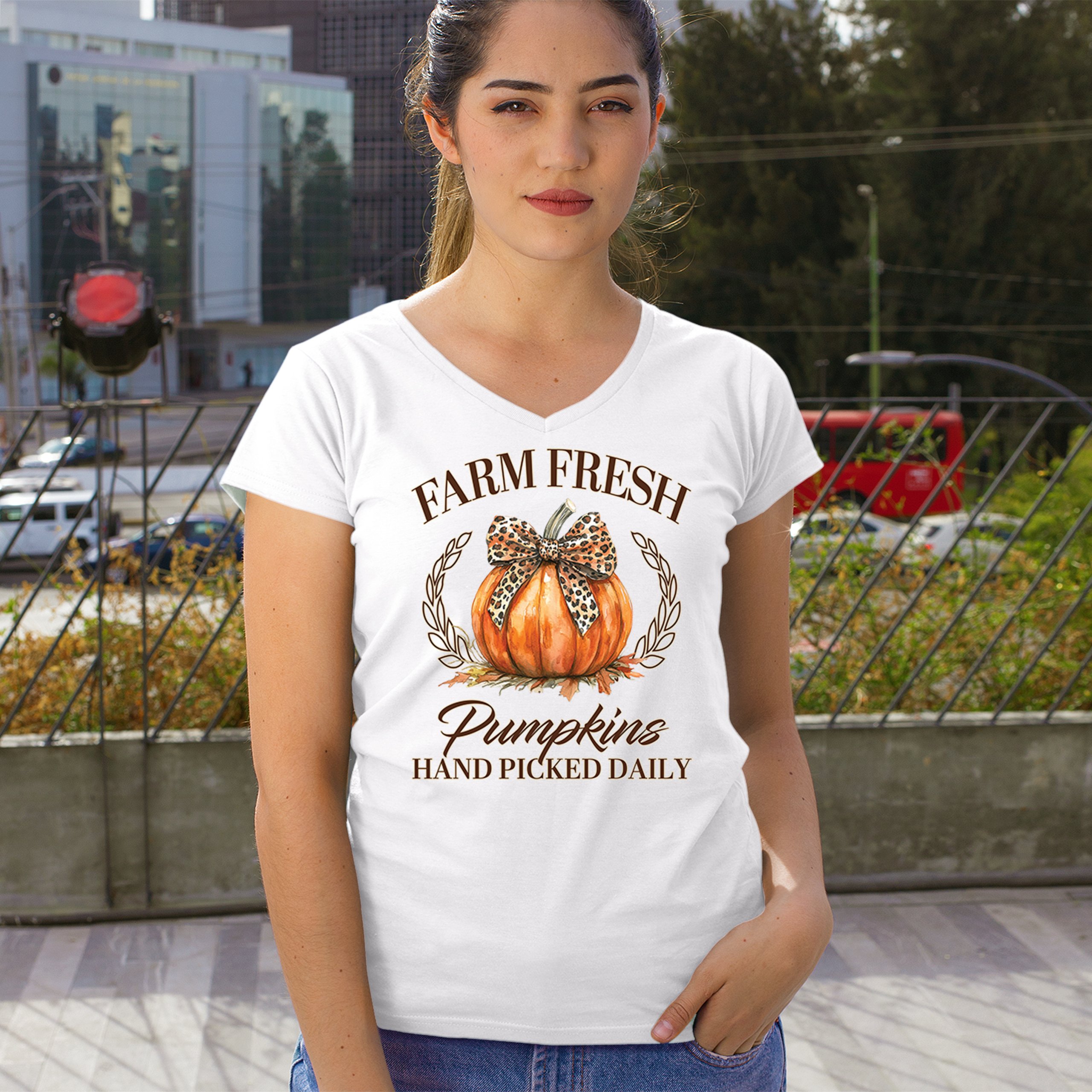 Farm Fresh Pumpkins Women's V-Neck T-shirt Fall Cozy Thanksgiving Cute Tee