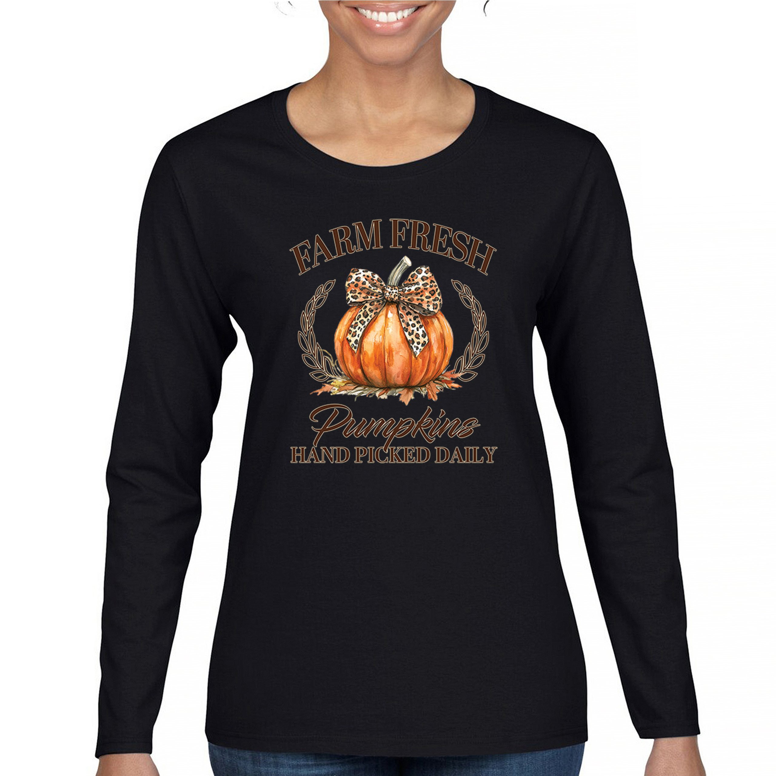 Farm Fresh Pumpkins Women's Long Sleeve T-shirt Fall Cozy Thanksgiving Cute - Picture 9 of 50