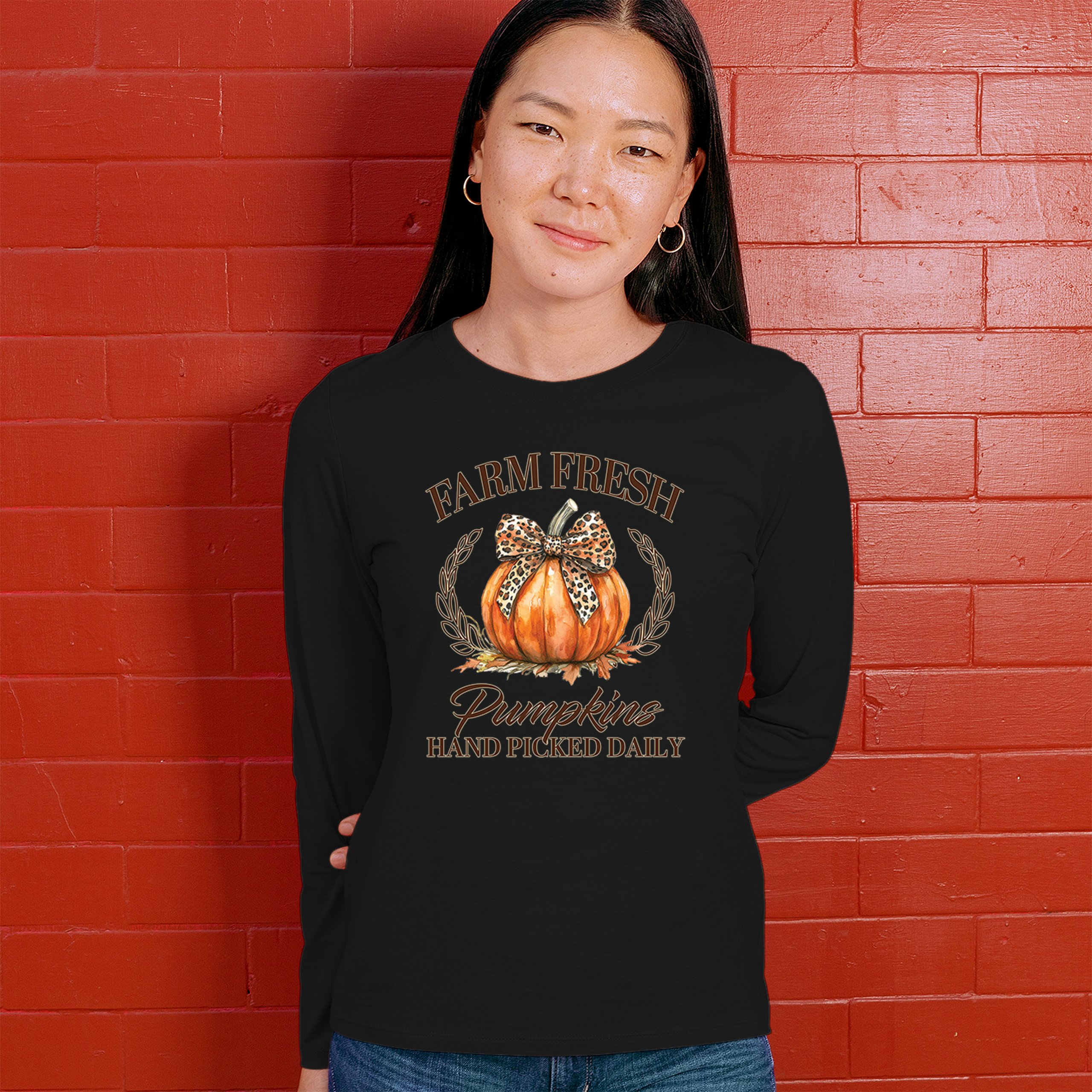 Farm Fresh Pumpkins Women's Long Sleeve T-shirt Fall Cozy Thanksgiving Cute - Picture 12 of 50