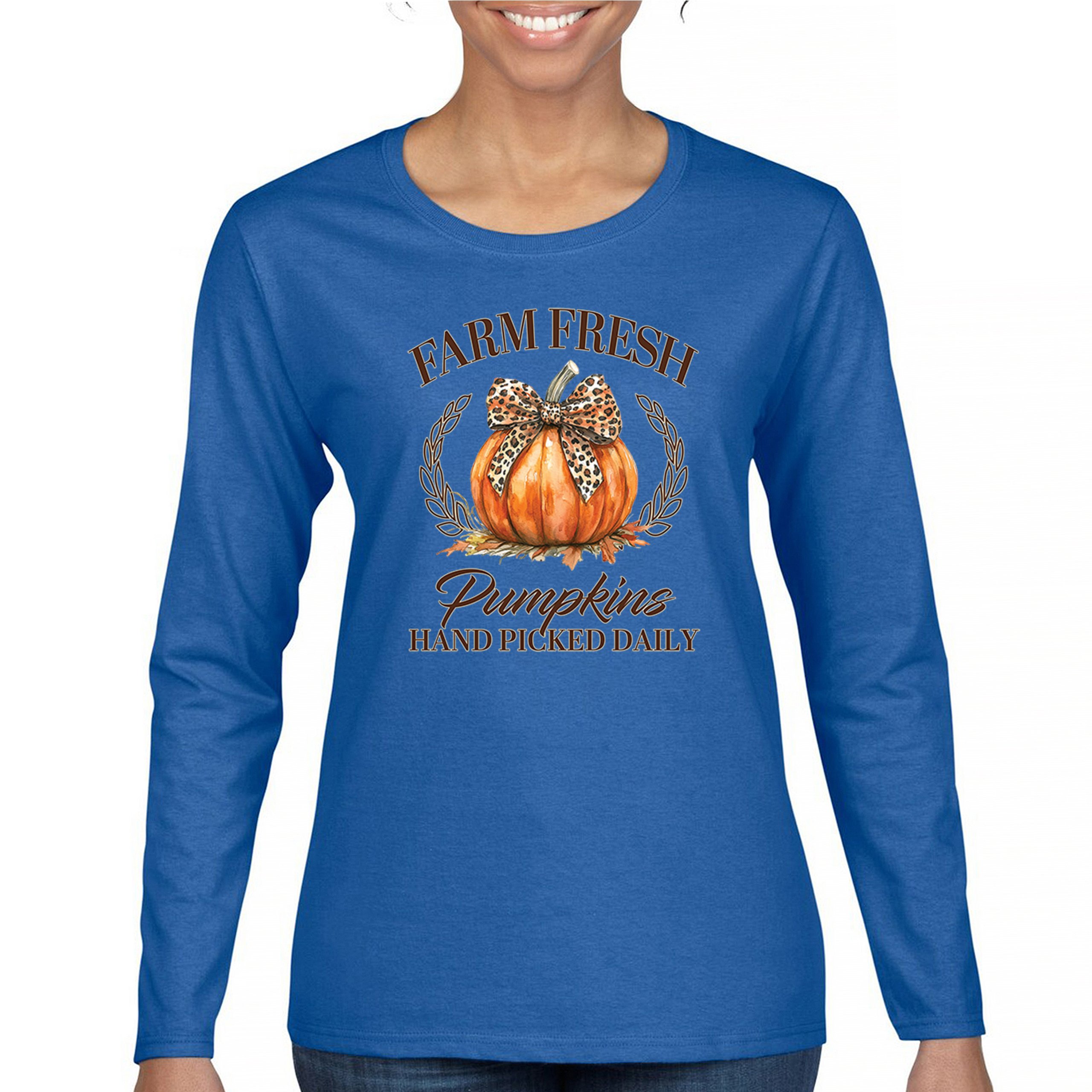 Farm Fresh Pumpkins Women's Long Sleeve T-shirt Fall Cozy Thanksgiving Cute - Picture 37 of 50