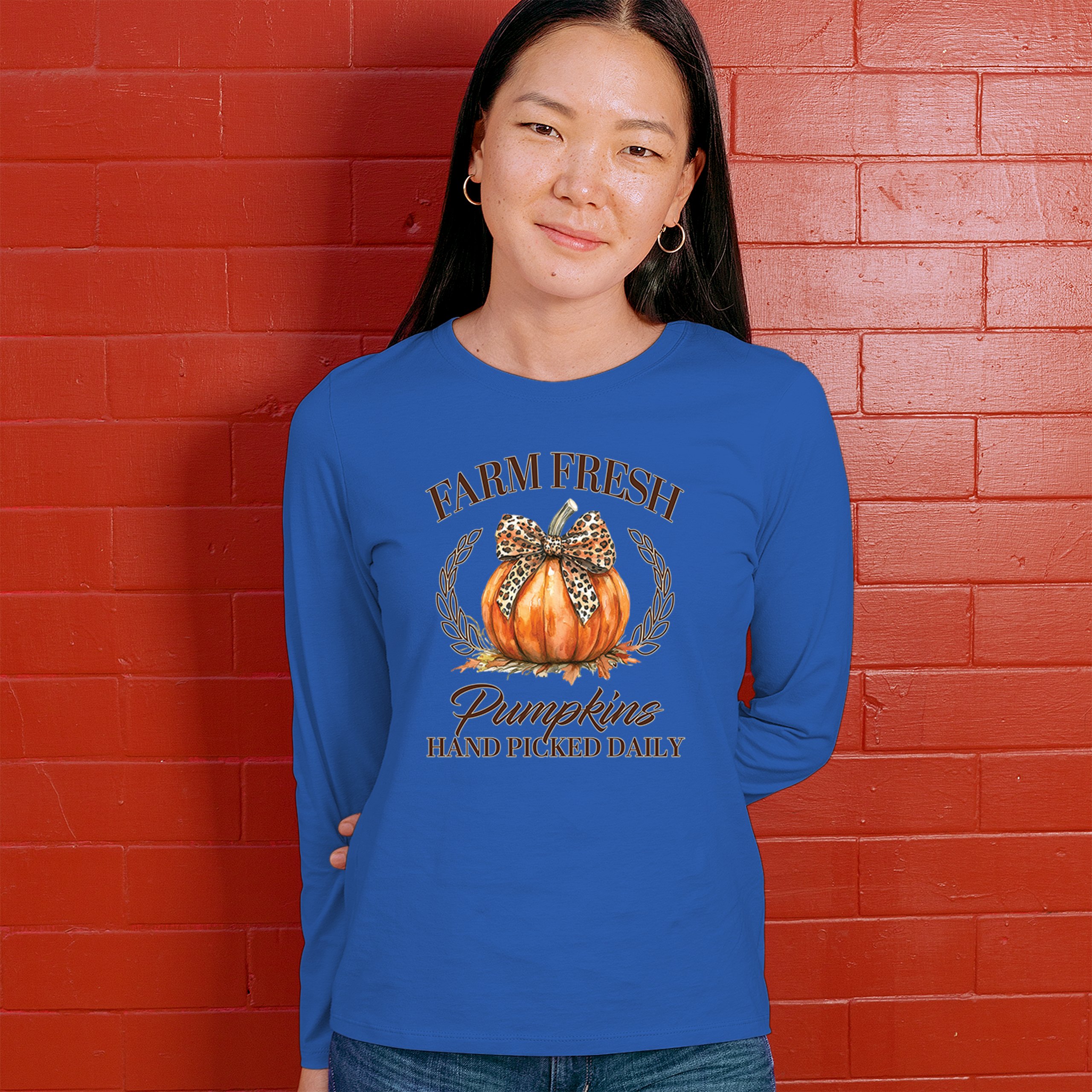 Farm Fresh Pumpkins Women's Long Sleeve T-shirt Fall Cozy Thanksgiving Cute - Picture 40 of 50