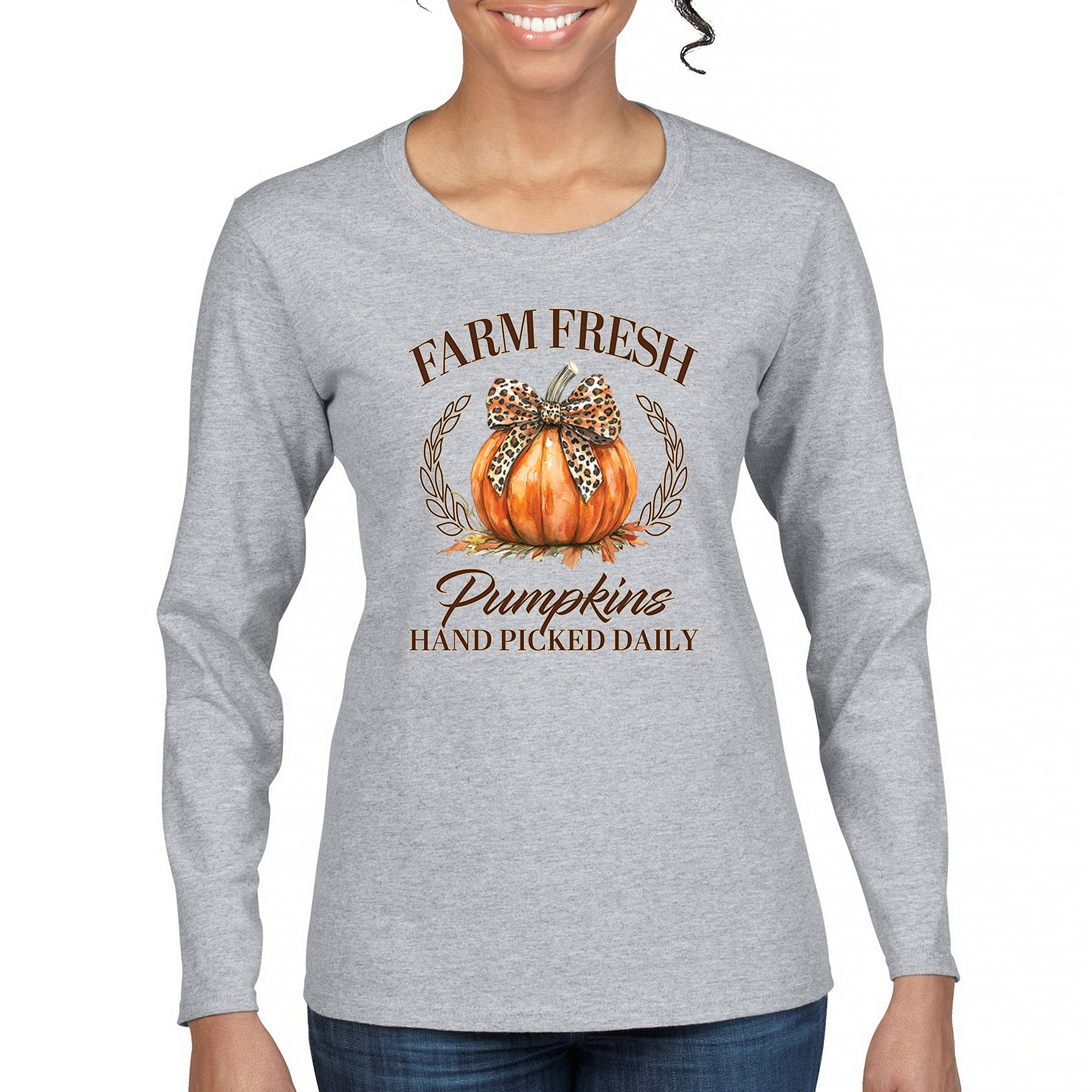 Farm Fresh Pumpkins Women's Long Sleeve T-shirt Fall Cozy Thanksgiving Cute - Picture 16 of 50