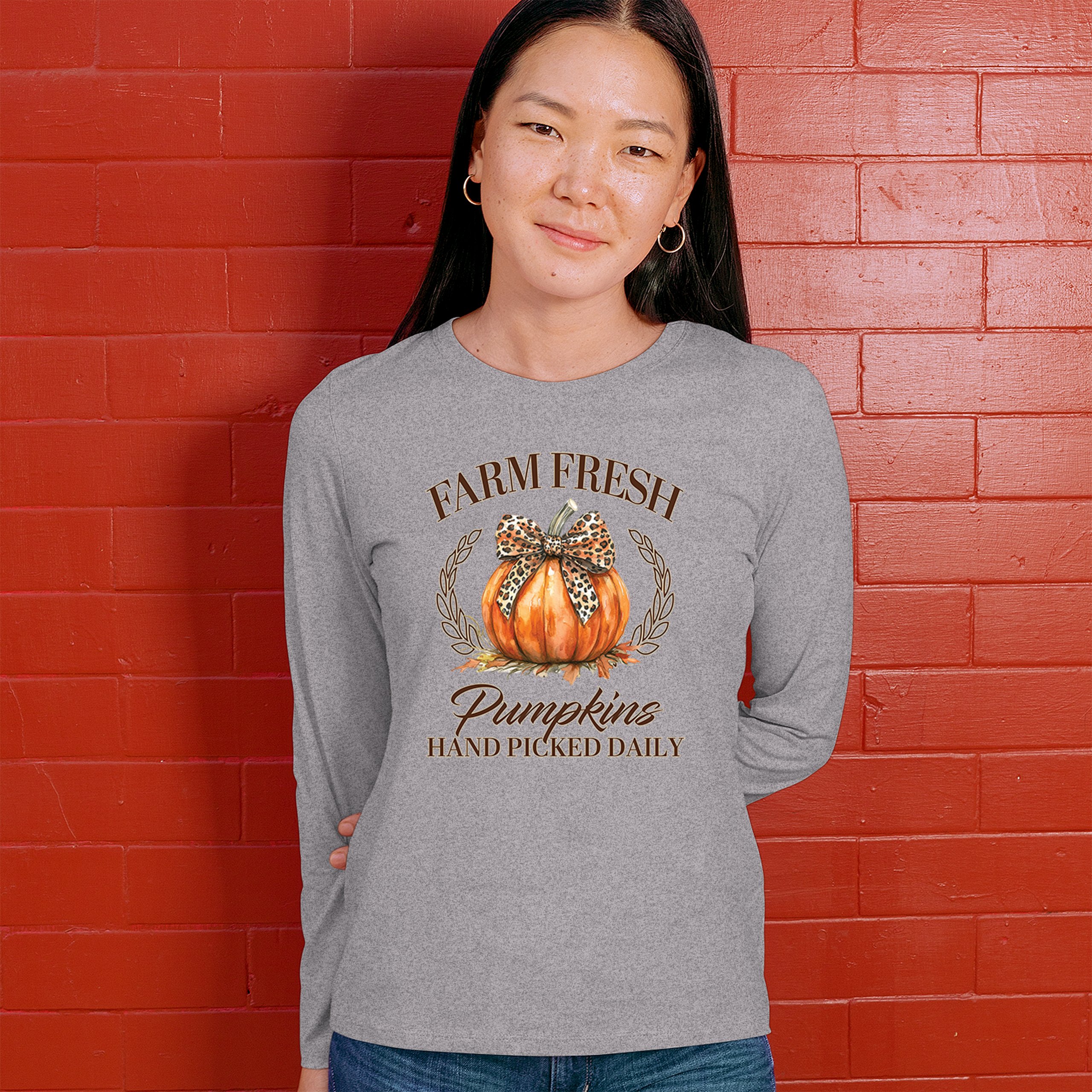 Farm Fresh Pumpkins Women's Long Sleeve T-shirt Fall Cozy Thanksgiving Cute - Picture 19 of 50