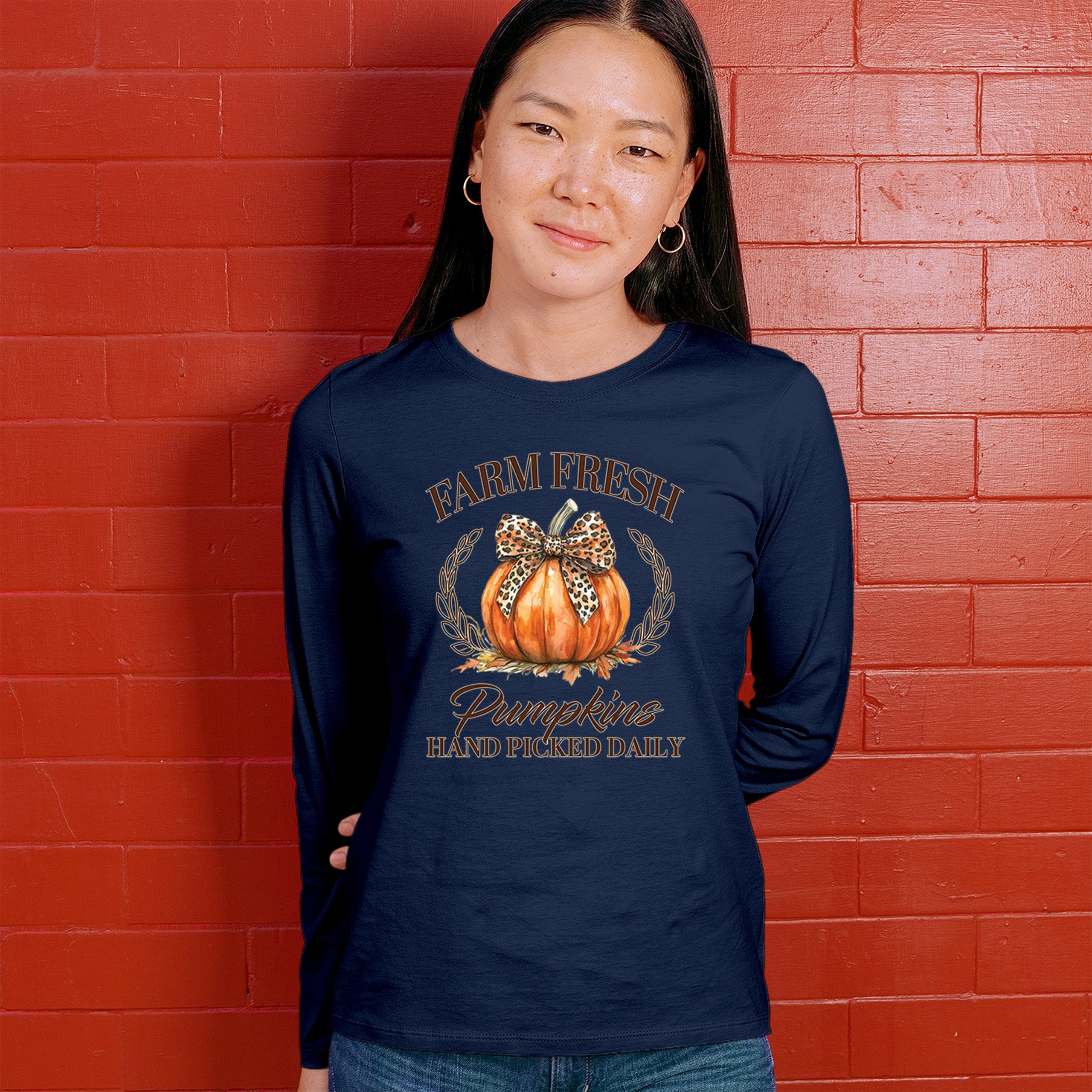 Farm Fresh Pumpkins Women's Long Sleeve T-shirt Fall Cozy Thanksgiving Cute - Picture 33 of 50