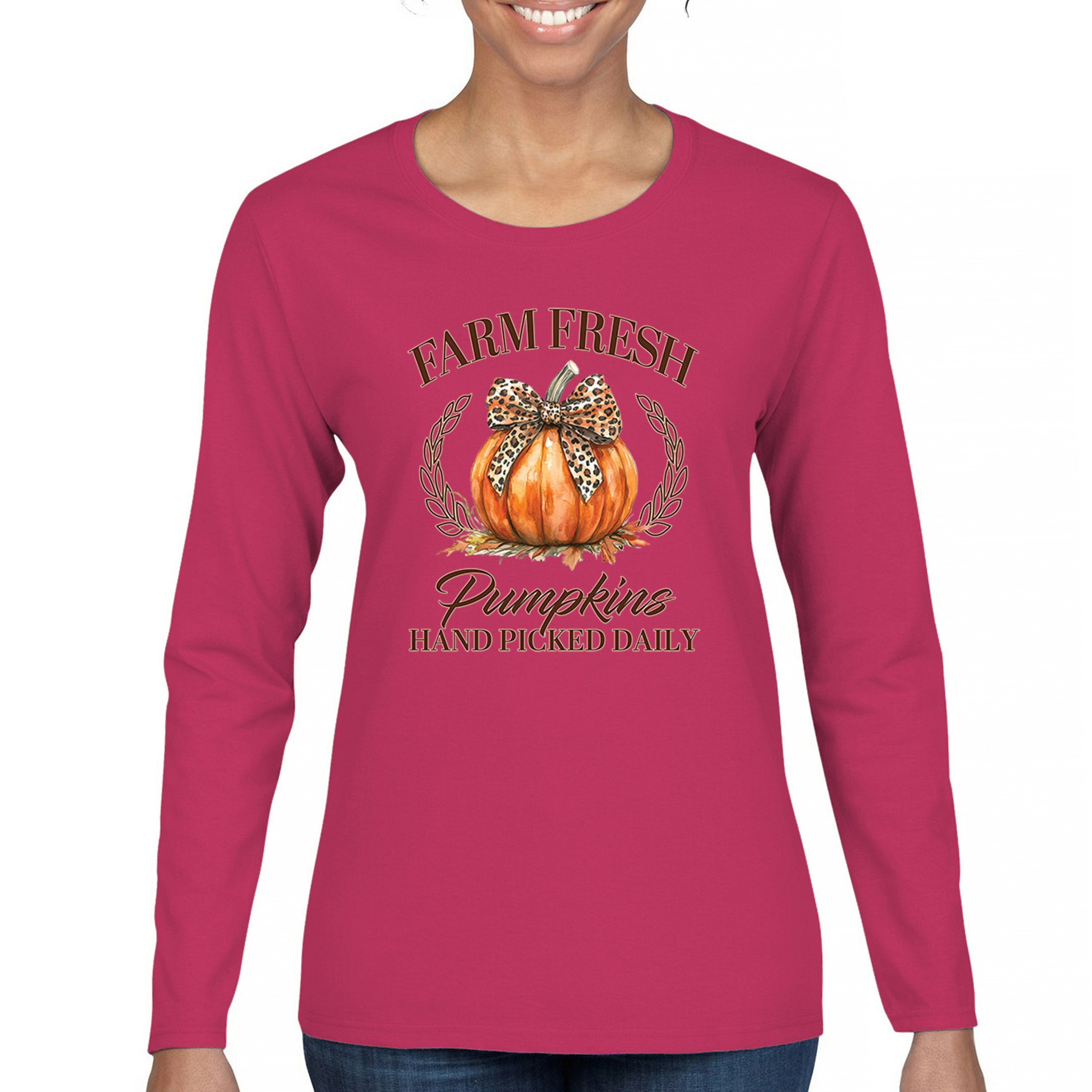 Farm Fresh Pumpkins Women's Long Sleeve T-shirt Fall Cozy Thanksgiving Cute - Picture 44 of 50